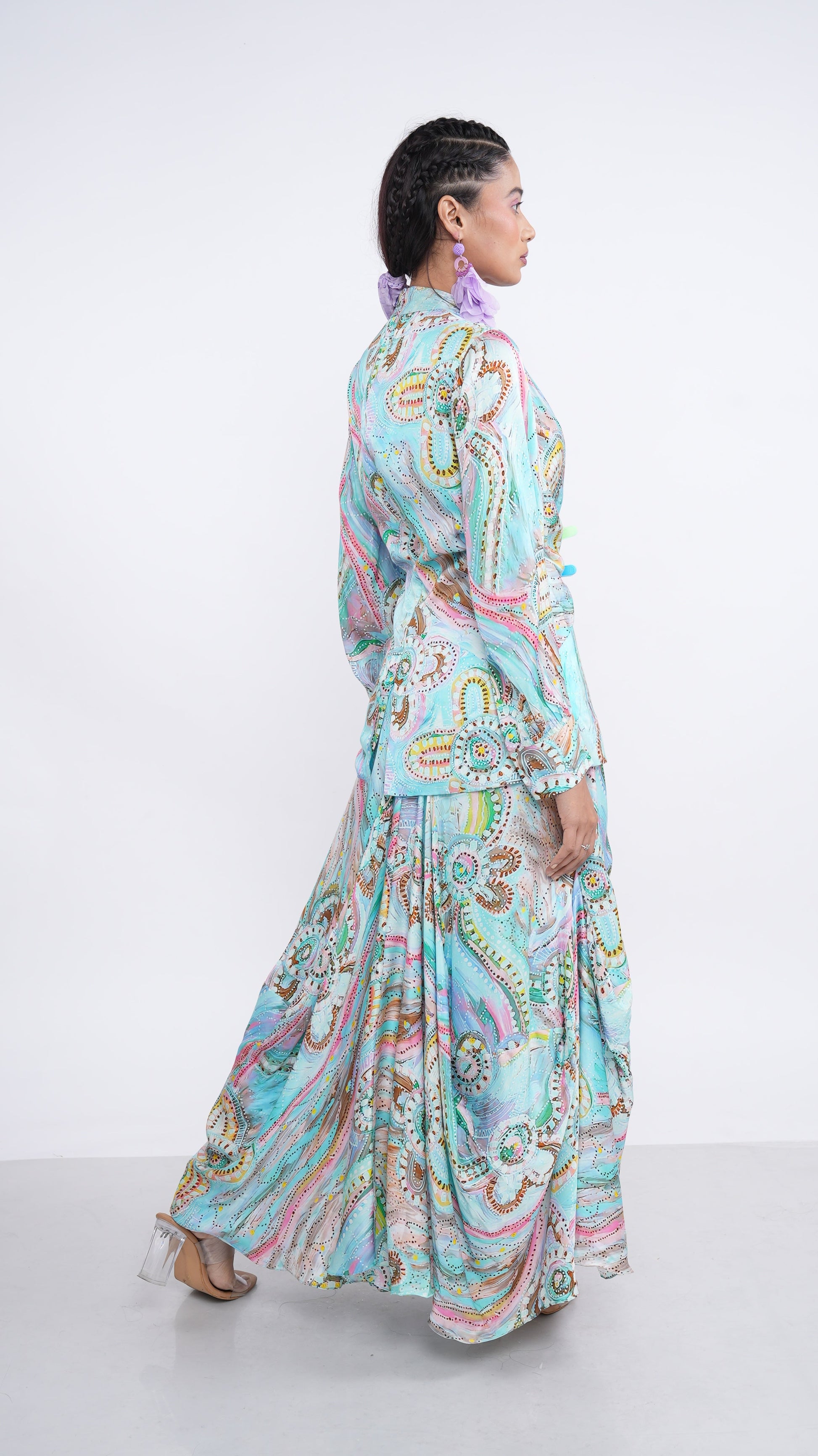 Boho Blue Satin Senka Knotted Top & Draped Skirt Set