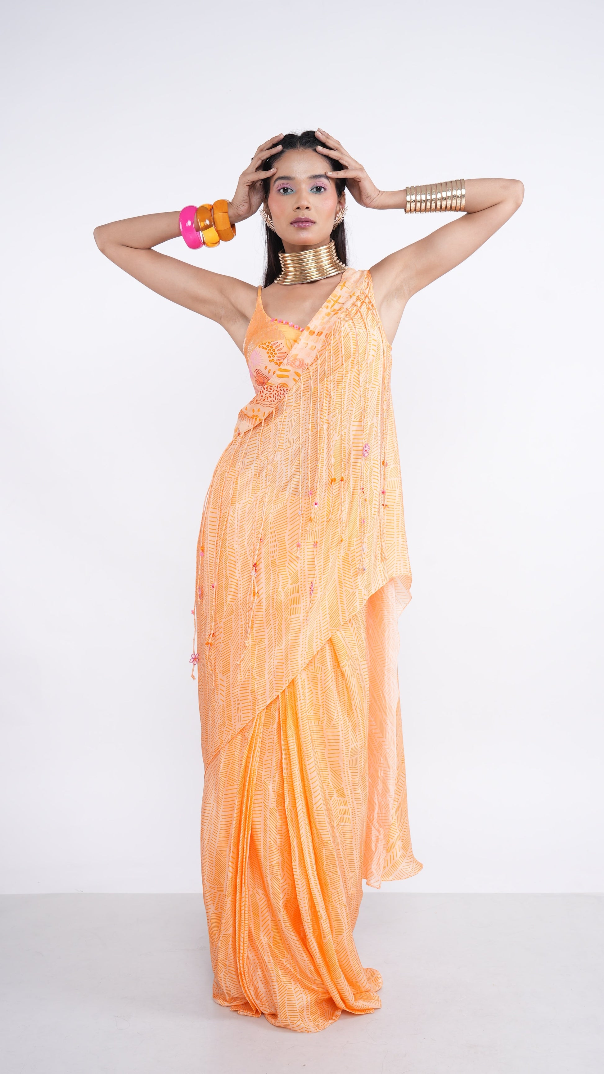 Festive Orange Peach Crepe Organza Nellie Drape Saree & Bralette