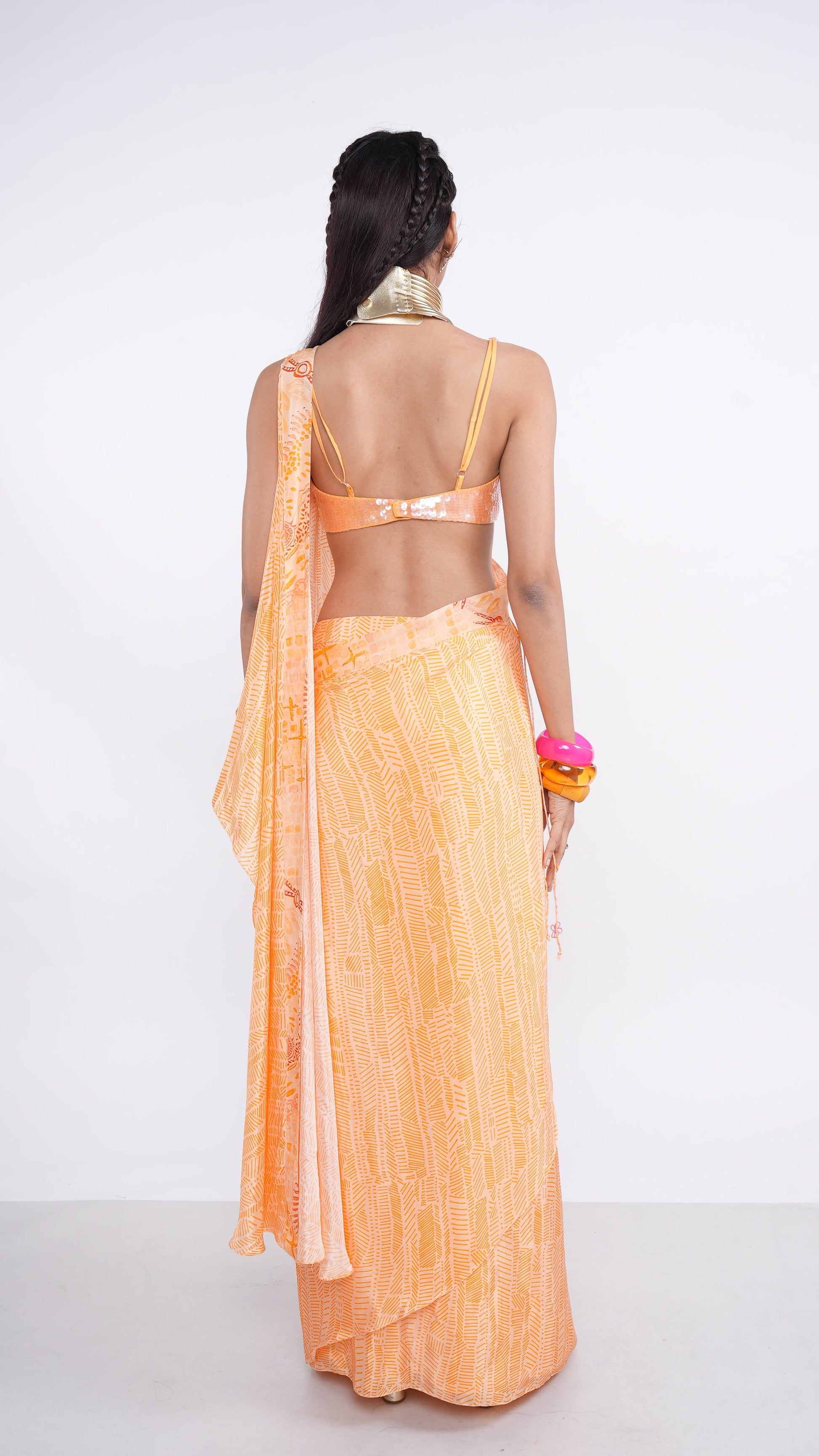 Festive Orange Peach Crepe Organza Nellie Drape Saree & Bralette