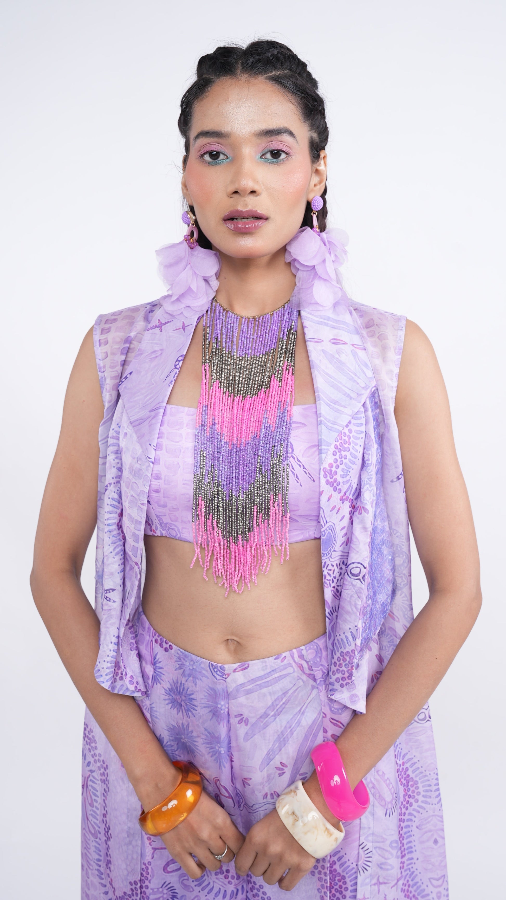 Breezy Purple Organza Thera Sequin Jacket Bustier & Pants Set
