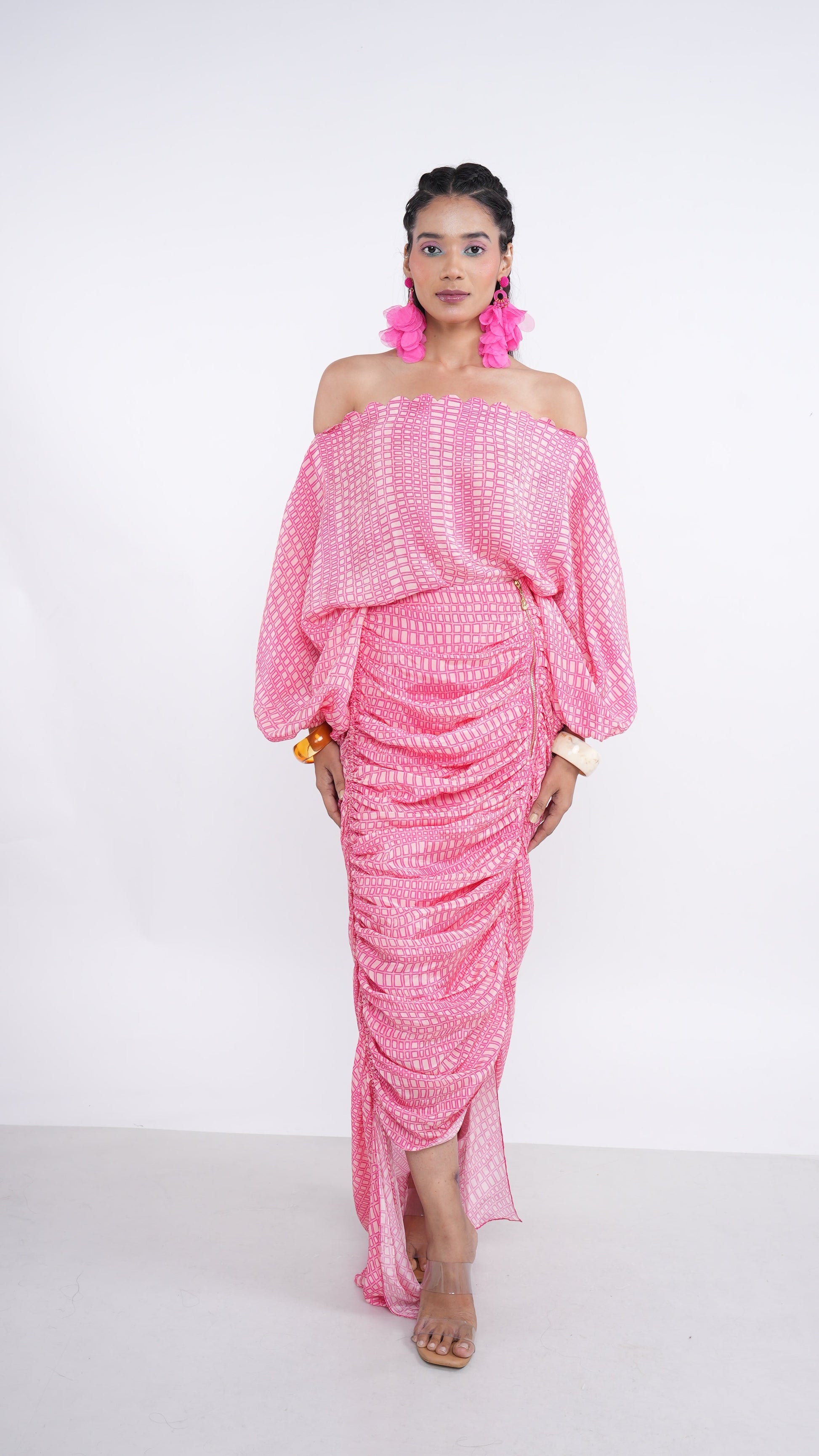 Elegant Pink Hot Crepe Nera Off Shoulder Draped Top & Skirt Set
