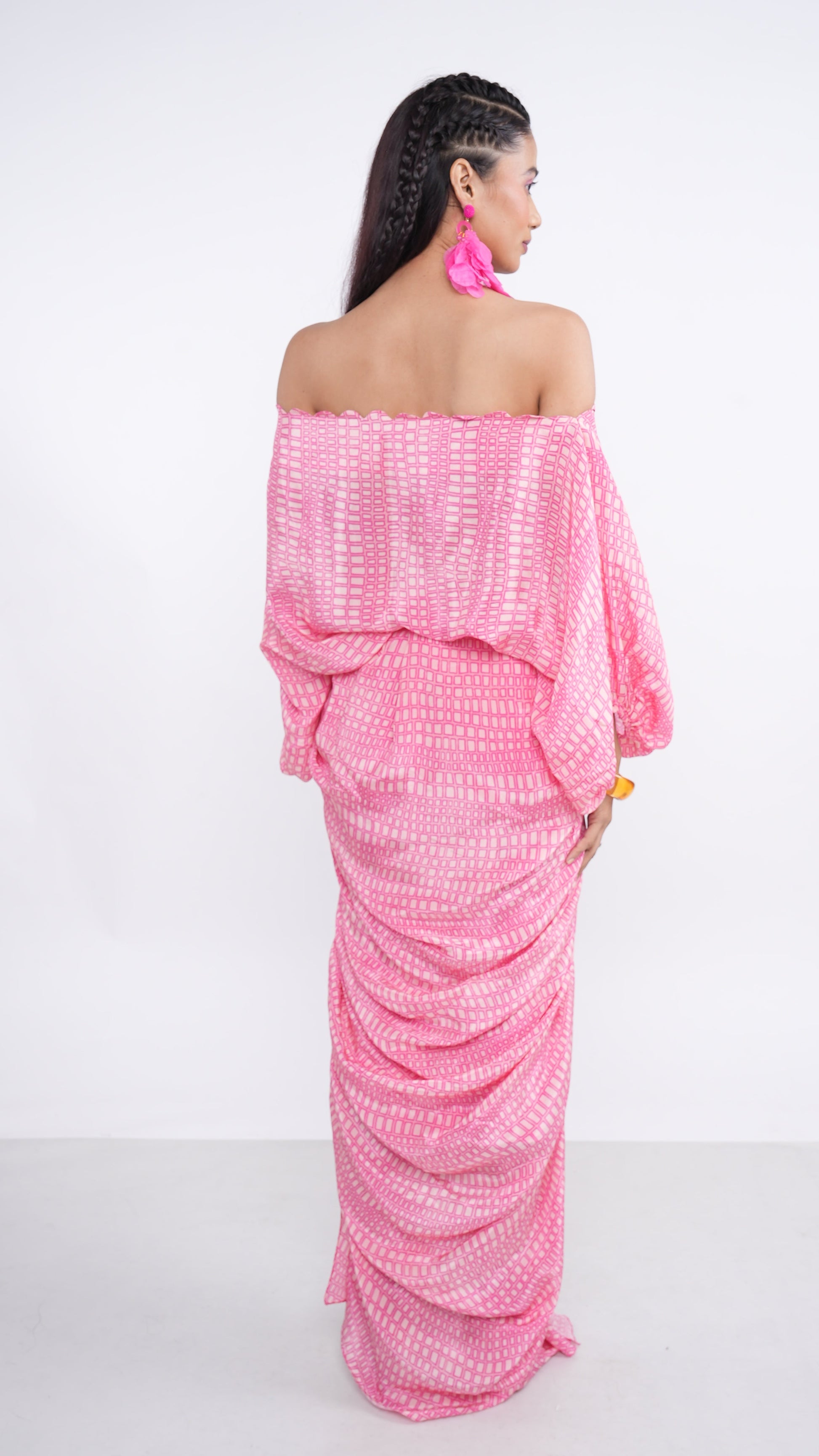 Elegant Pink Hot Crepe Nera Off Shoulder Draped Top & Skirt Set