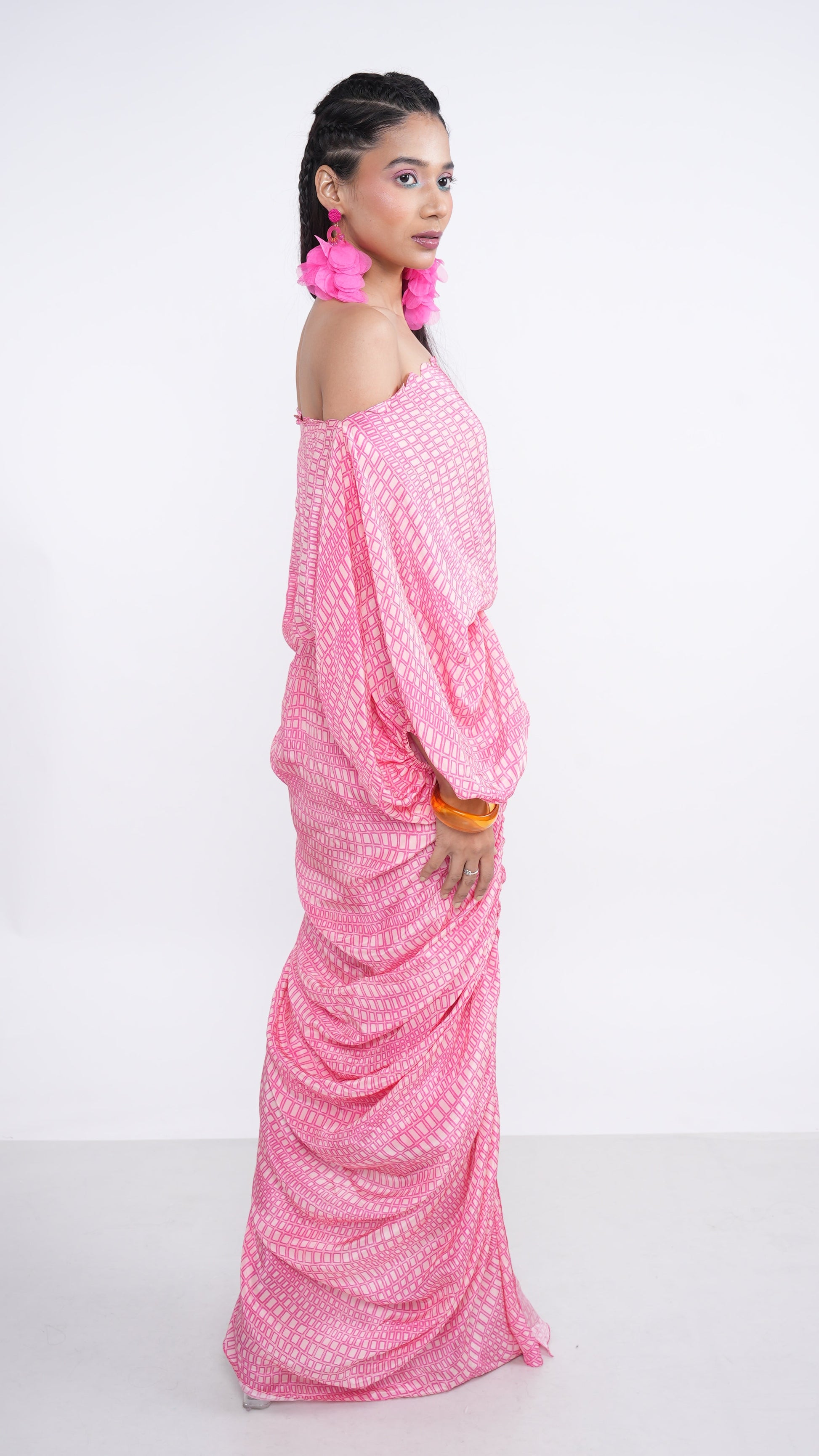 Elegant Pink Hot Crepe Nera Off Shoulder Draped Top & Skirt Set