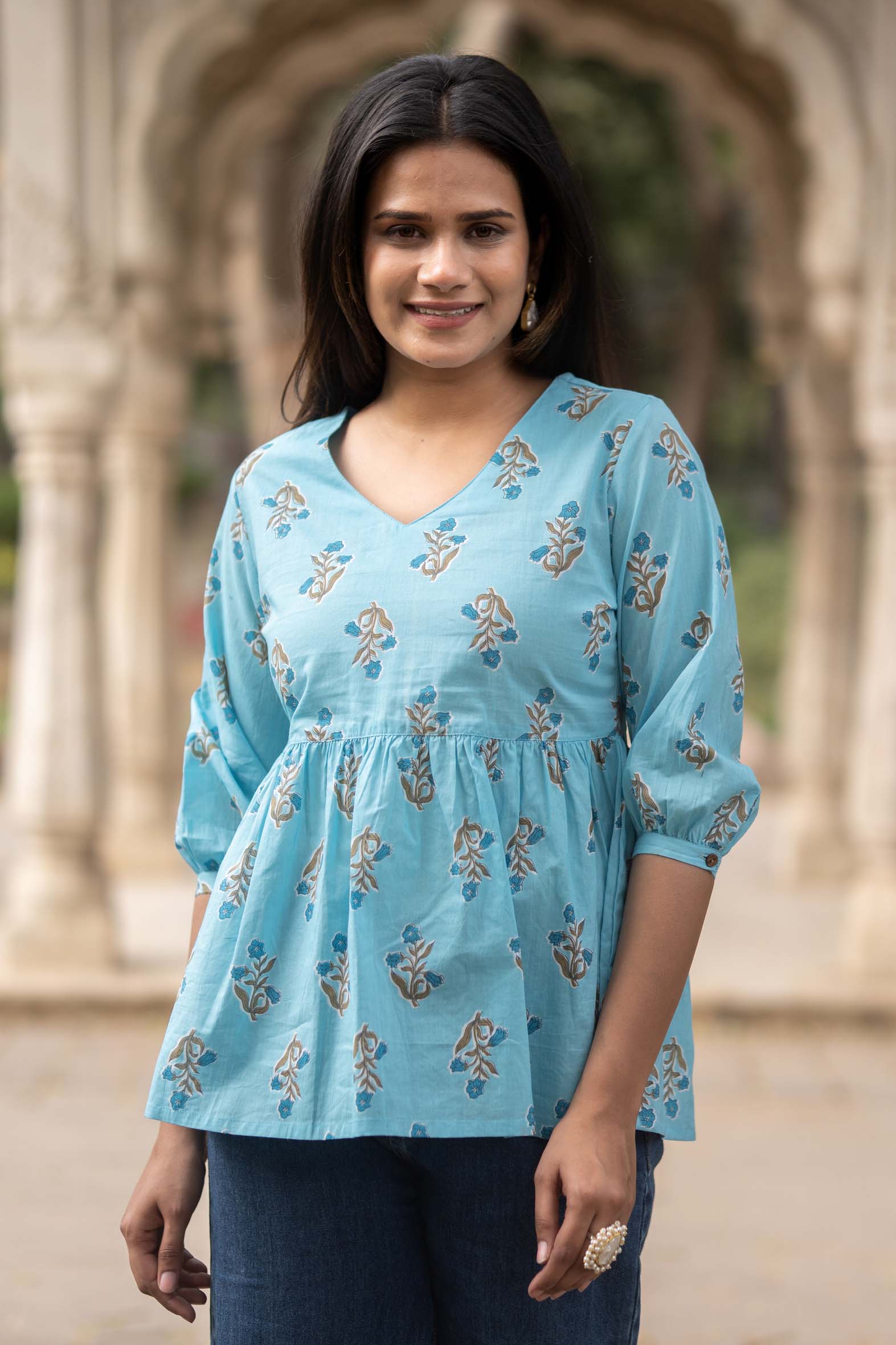 Sea Blue Flared Cotton Printed Short Top with Button Sleeves