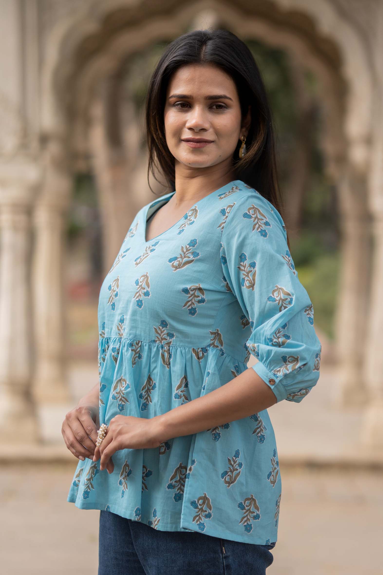 Sea Blue Flared Cotton Printed Short Top with Button Sleeves