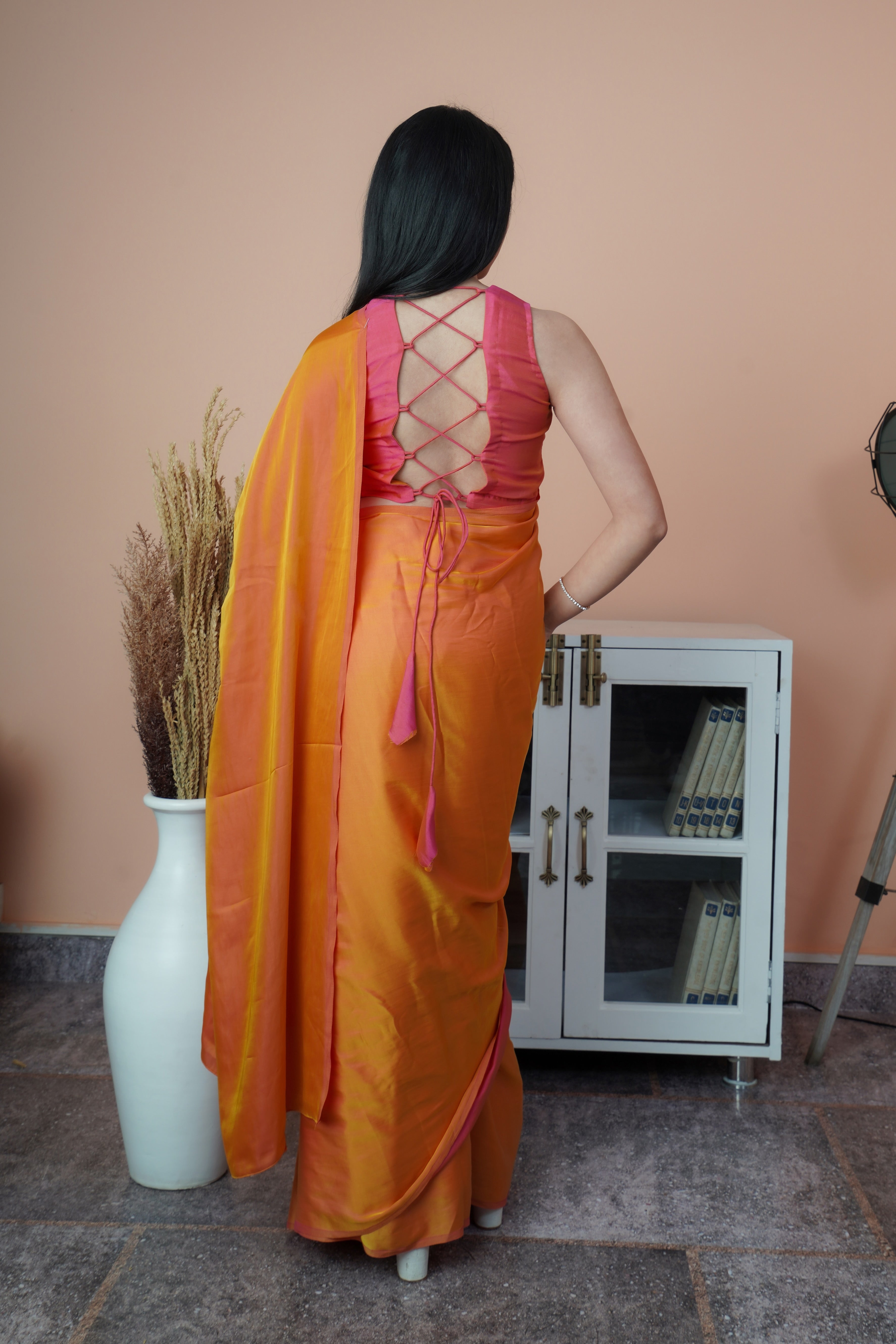 Satin Elegance - Satin Silk Saree (Dual Shade Orange & Pink)