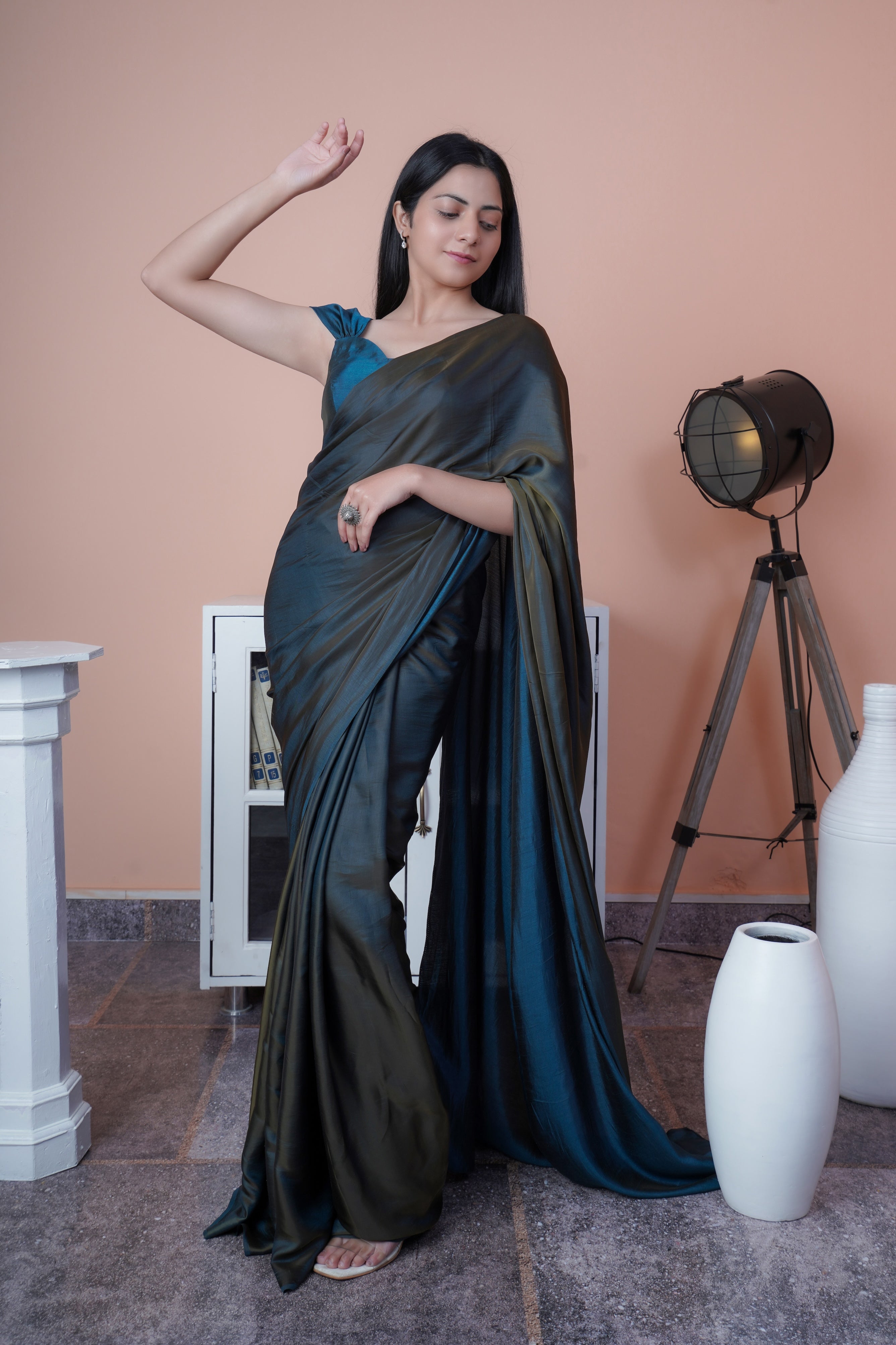 Appealing Grey Blue Dual Tone Reversible Satin Silk Saree