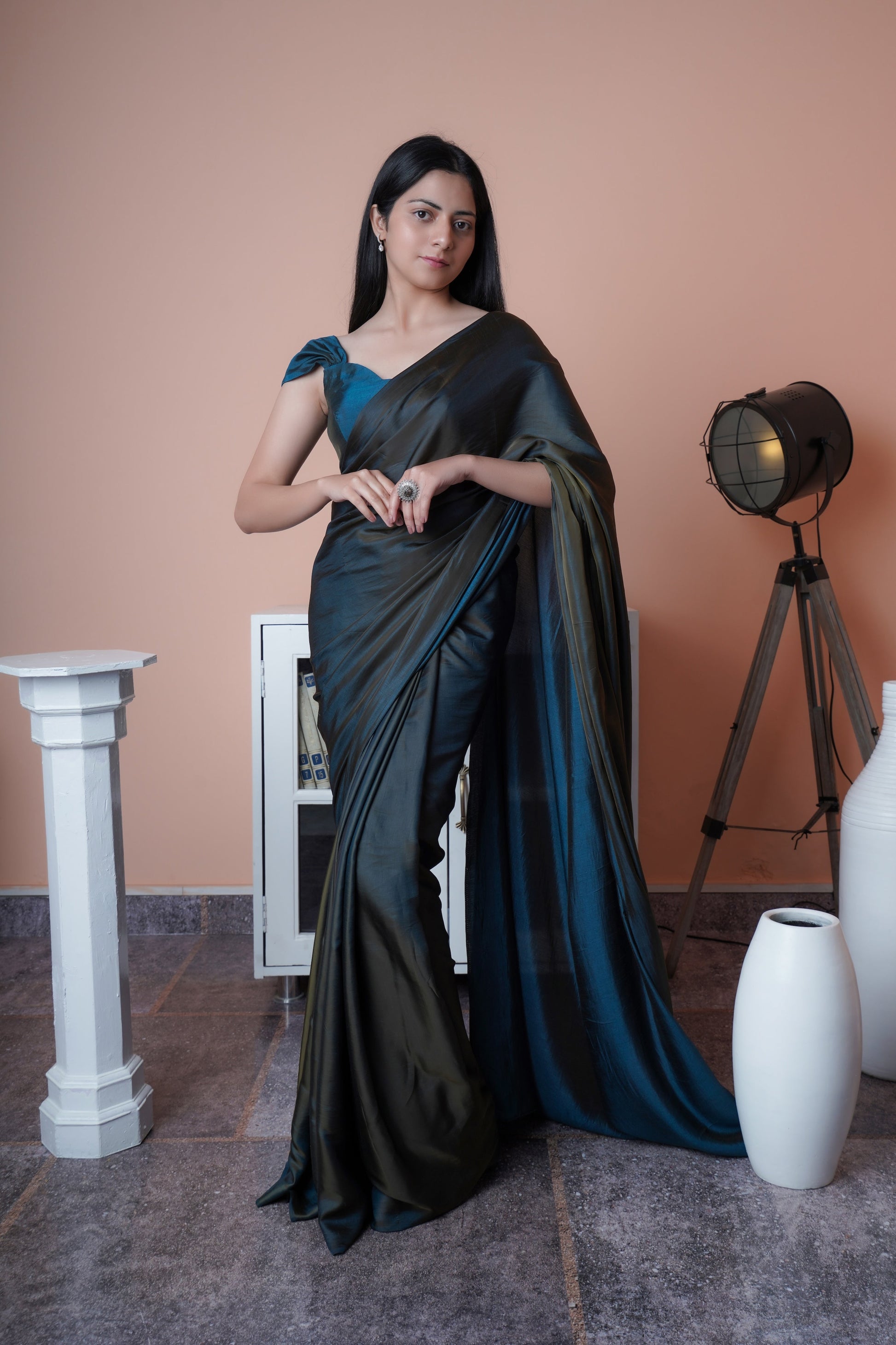 Appealing Grey Blue Dual Tone Reversible Satin Silk Saree