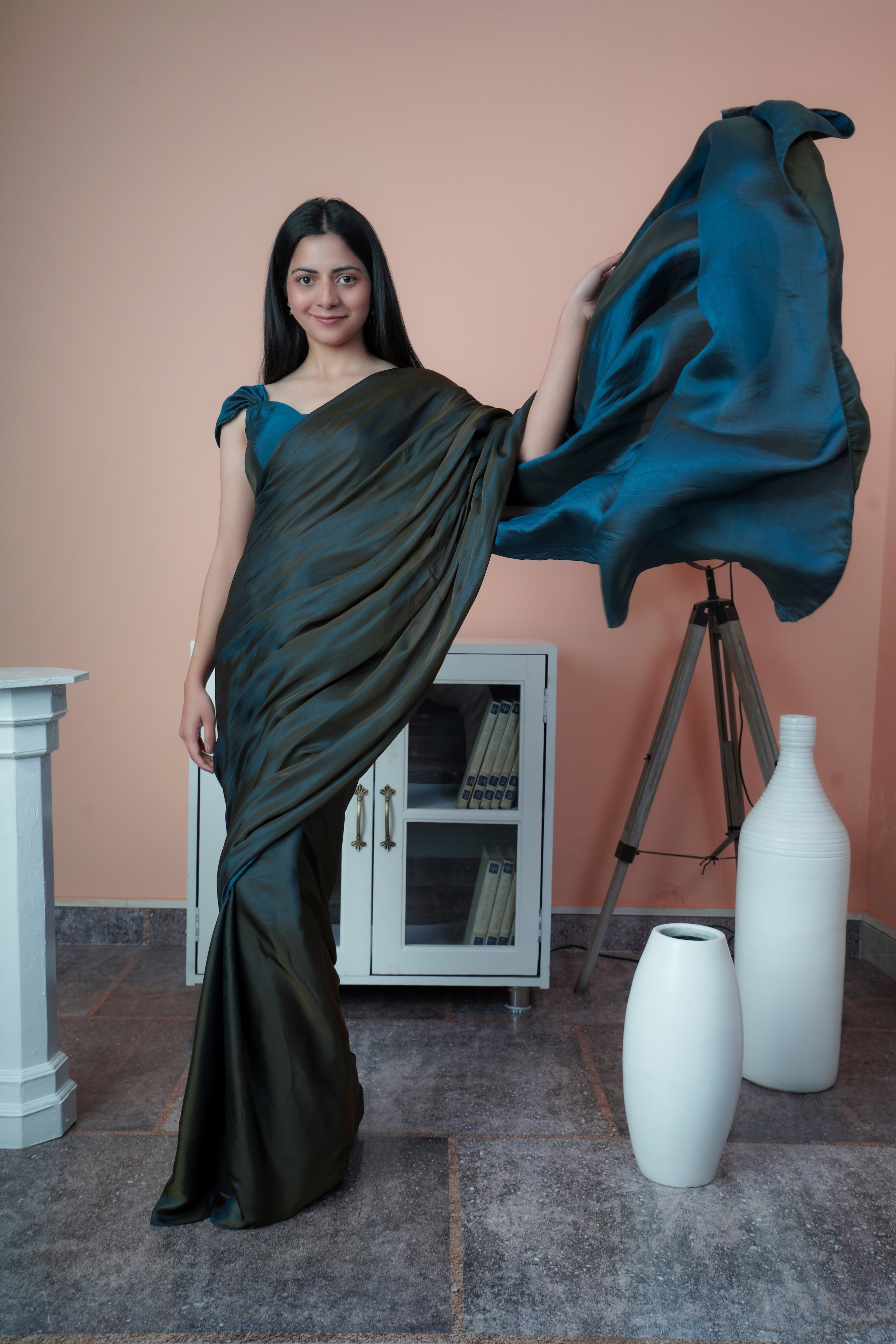 Appealing Grey Blue Dual Tone Reversible Satin Silk Saree