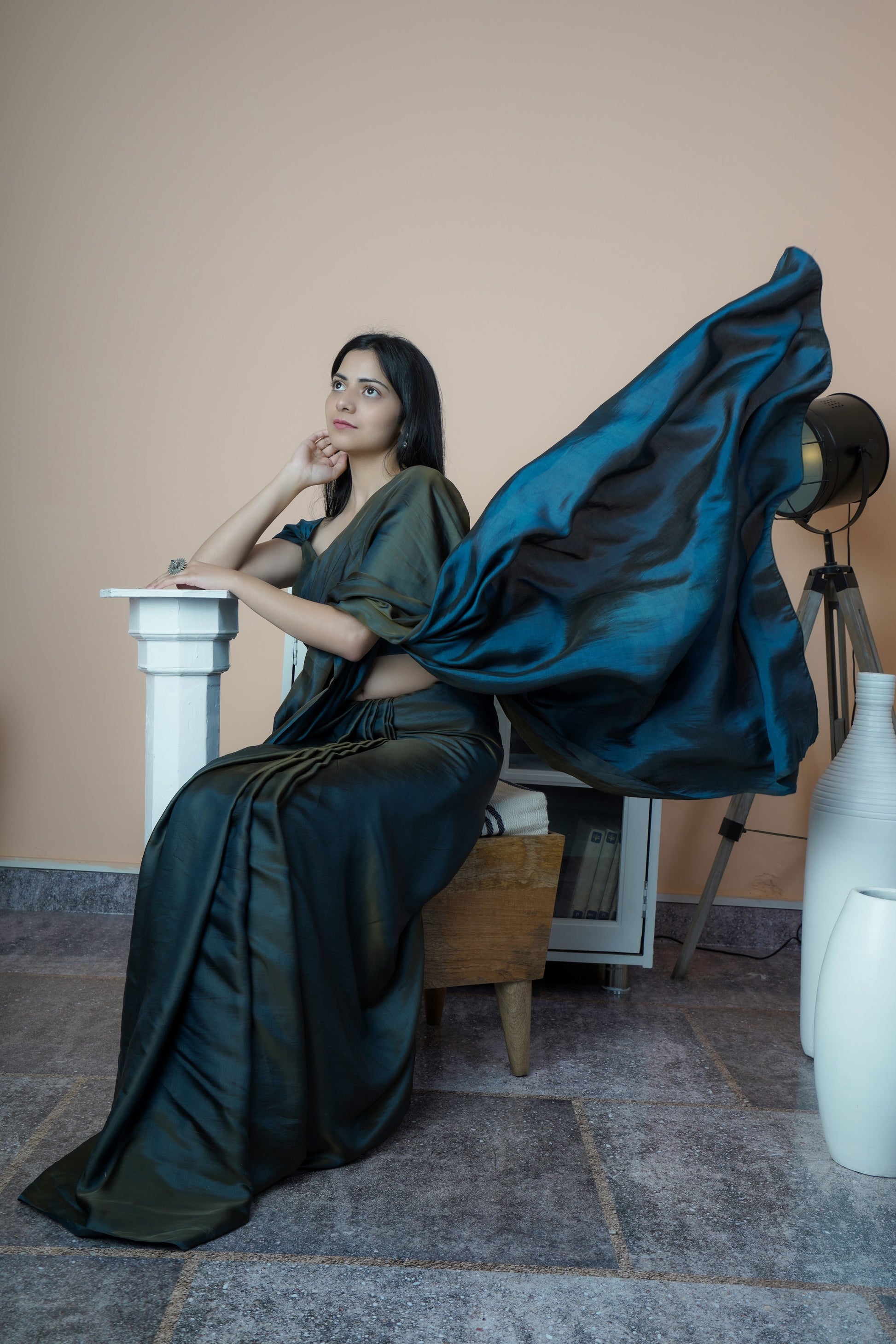 Appealing Grey Blue Dual Tone Reversible Satin Silk Saree