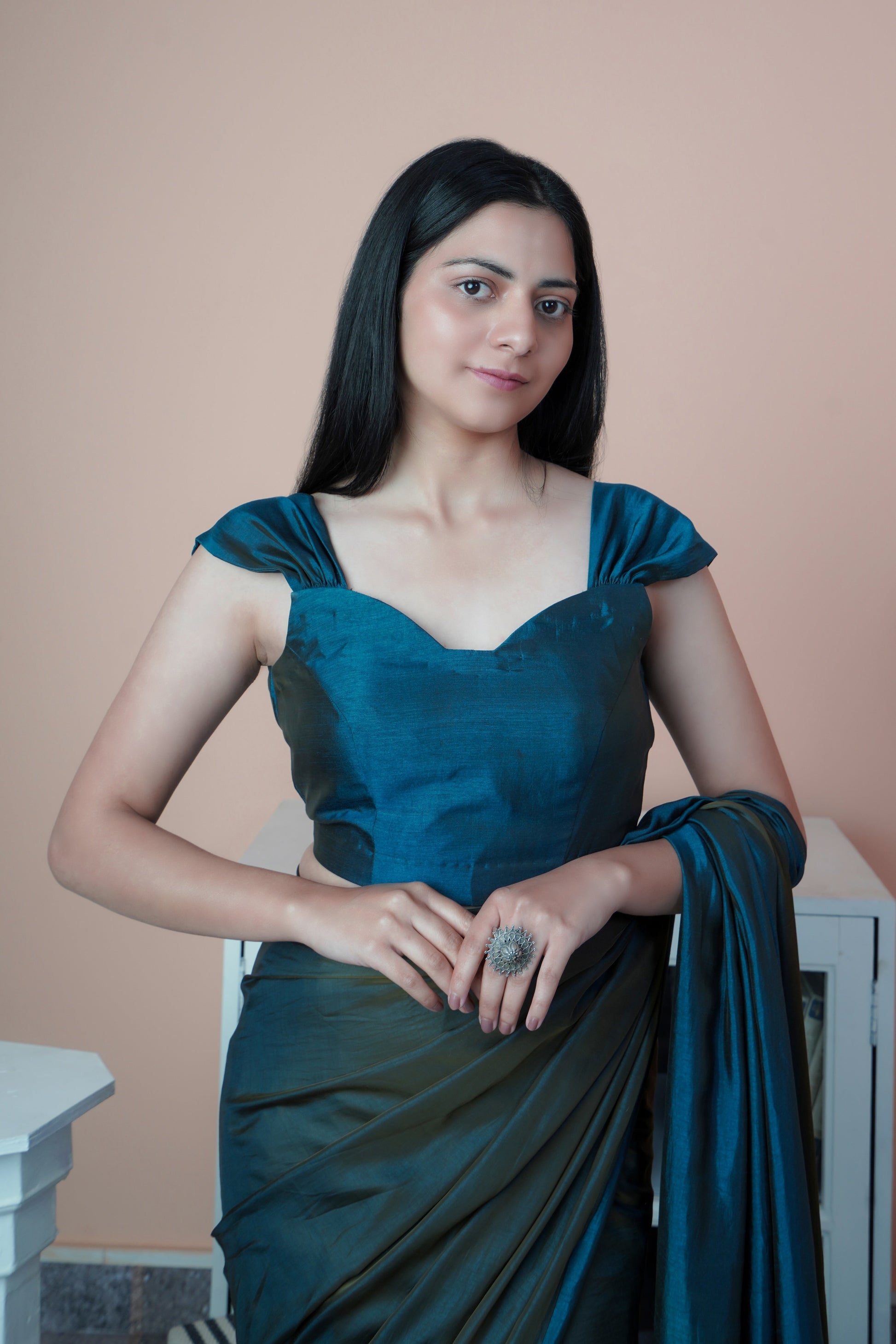 Appealing Grey Blue Dual Tone Reversible Satin Silk Saree