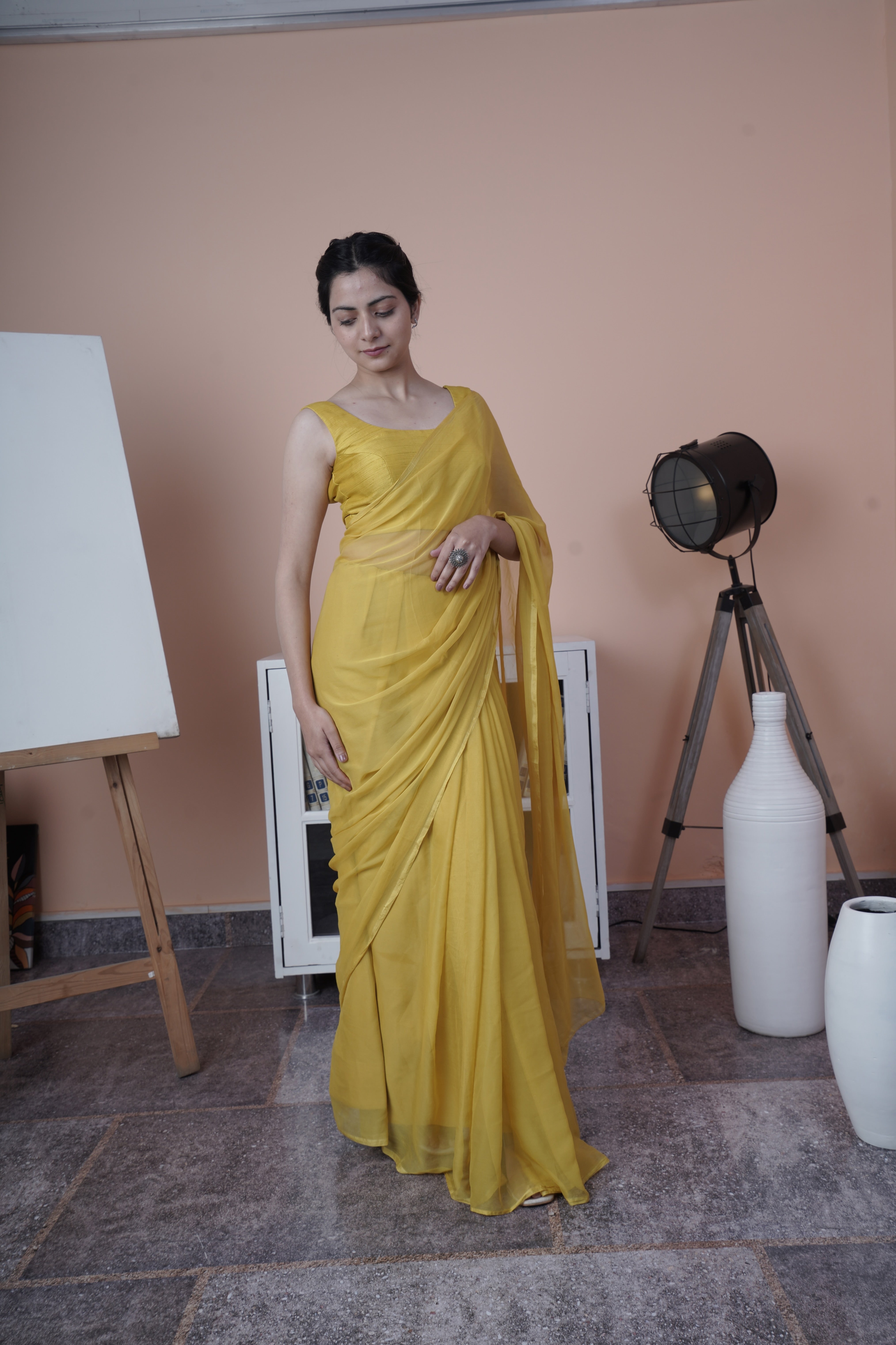 Sunset Drift Yellow Chiffon Saree with Raw Silk Blouse - Party Wear
