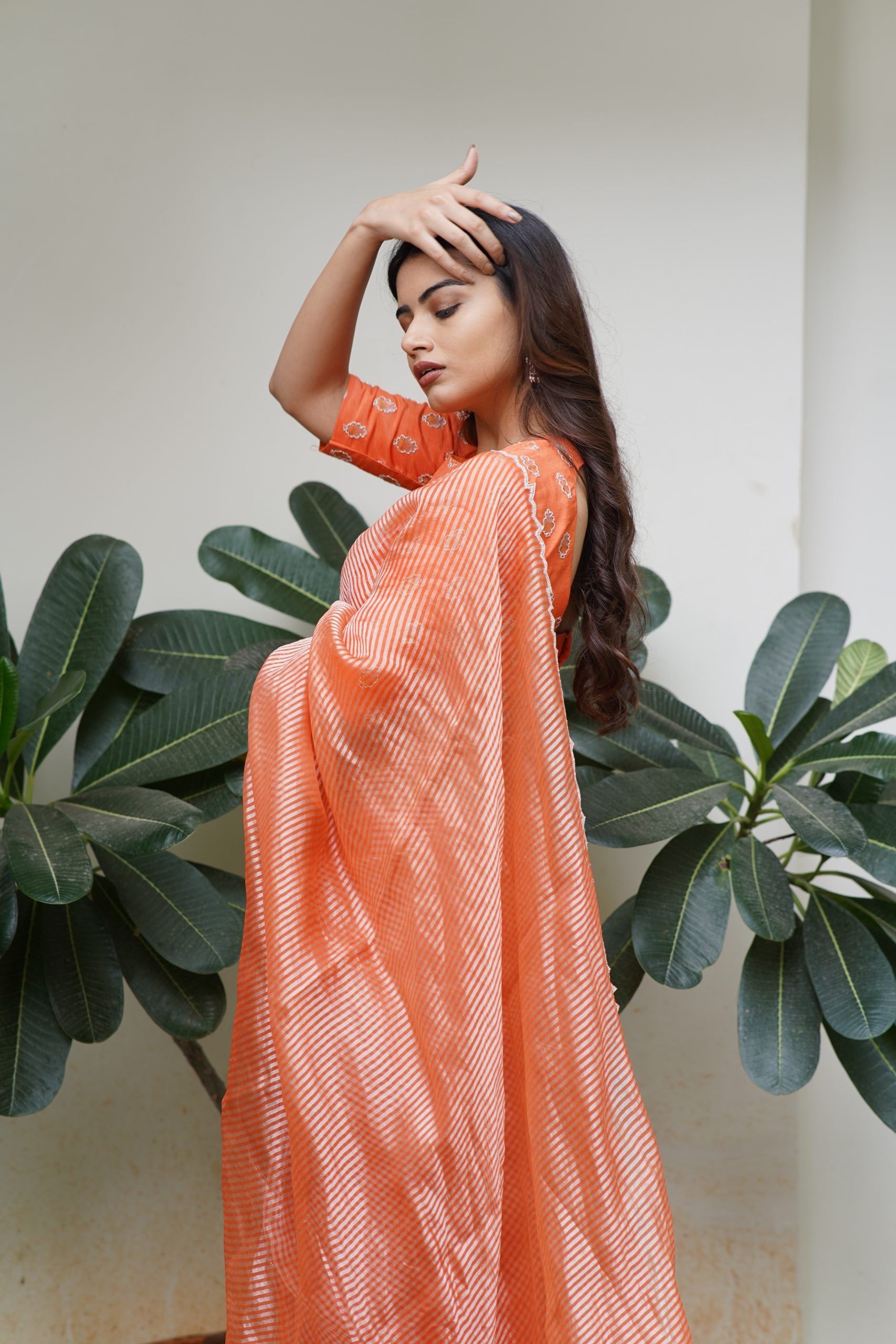 Orange Tissue Silk Saree with Silver Zari & Katdana Work - Handmade Saree