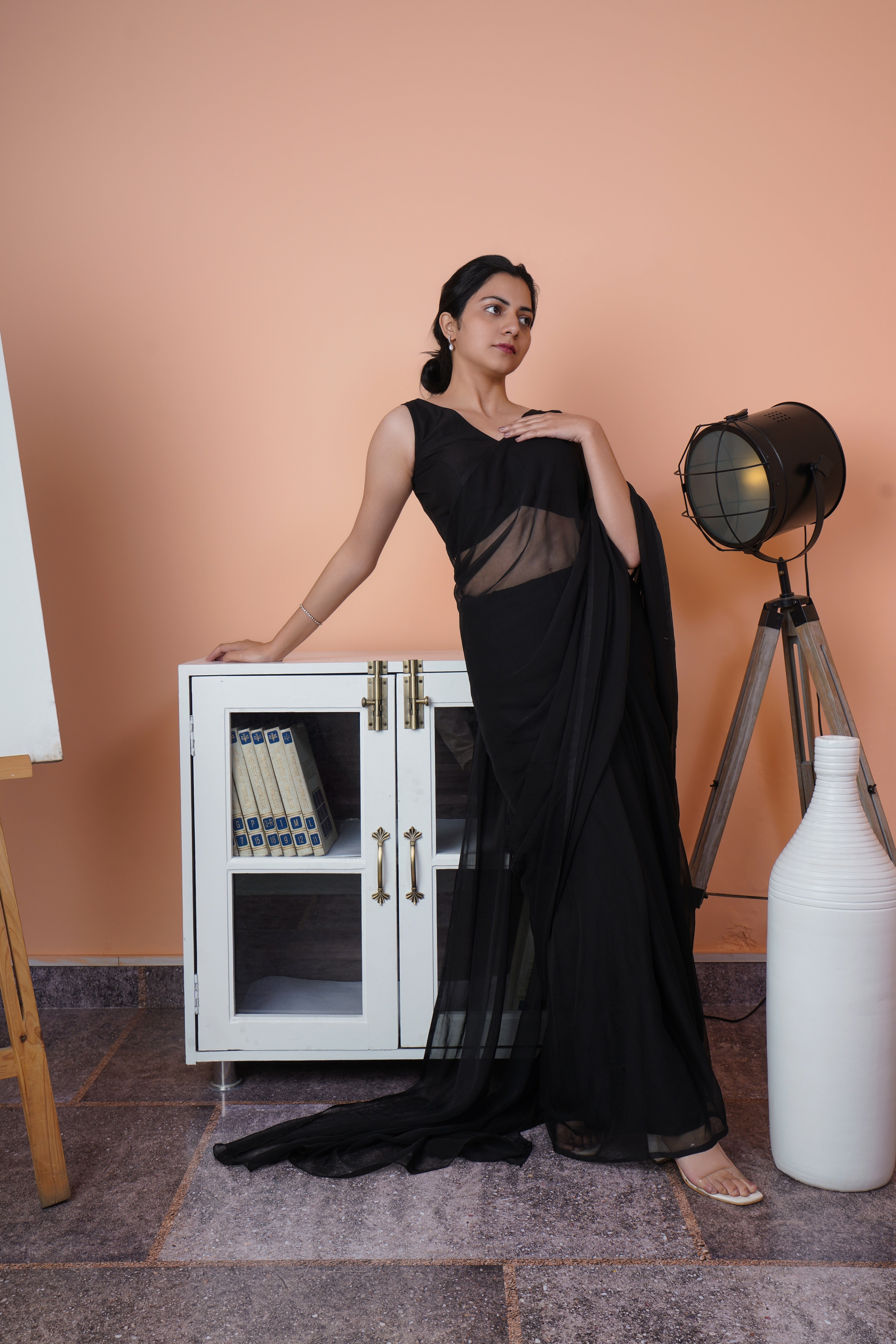 Sophisticated Black Plain Chiffon Saree Raw Silk Blouse