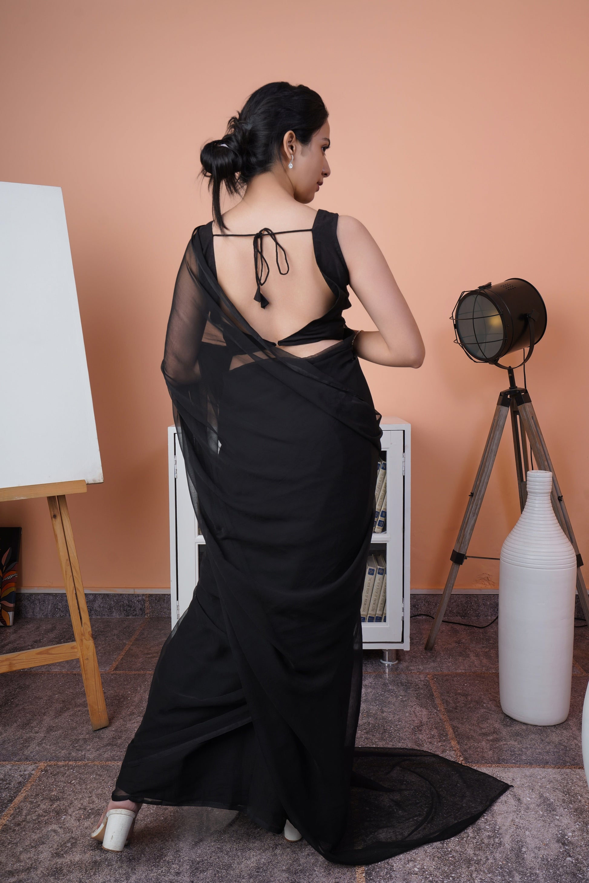 Sophisticated Black Plain Chiffon Saree Raw Silk Blouse