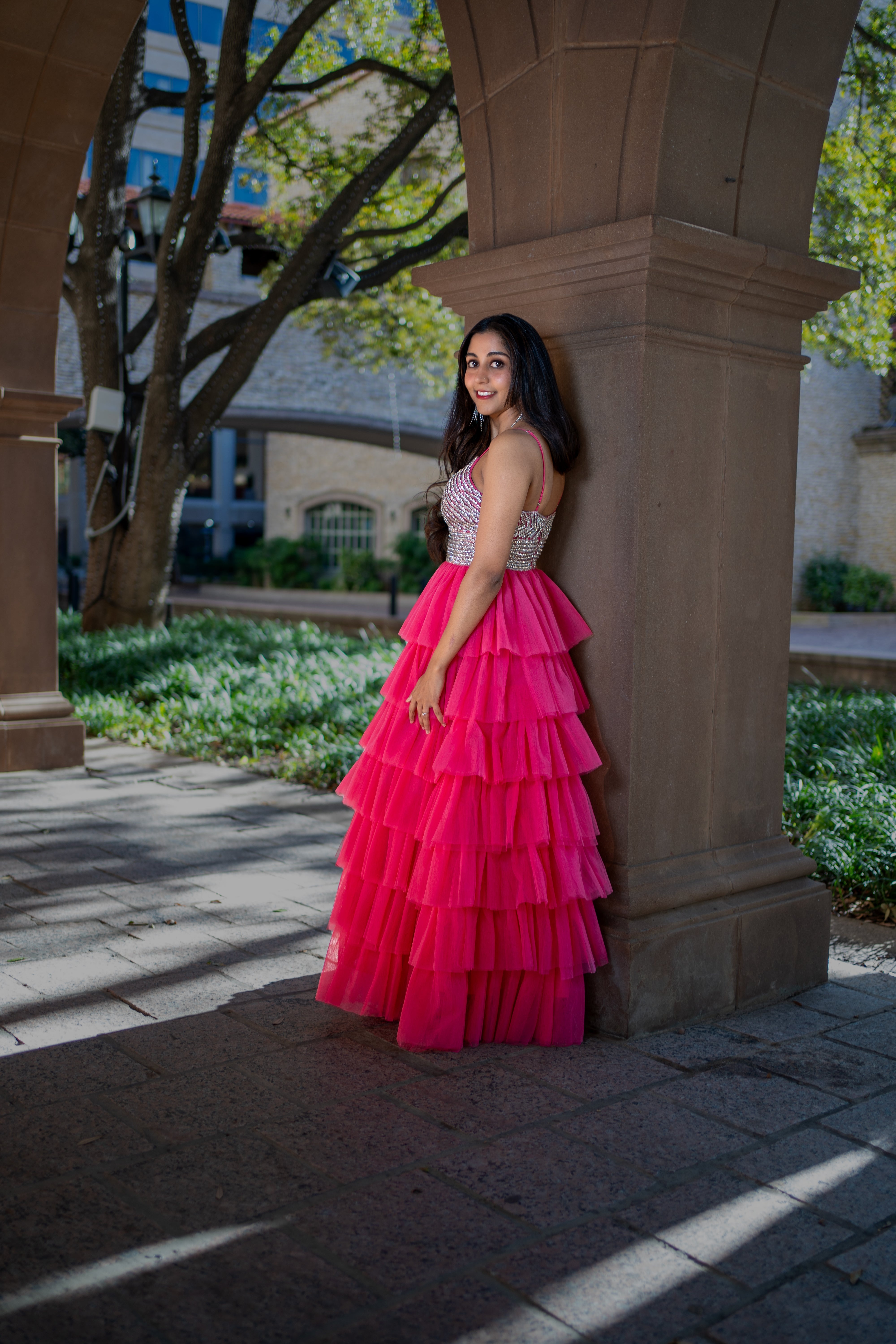 Mesmerizing Pink Viscose Tulle Ruffle Dance Gown Stone Embroidery