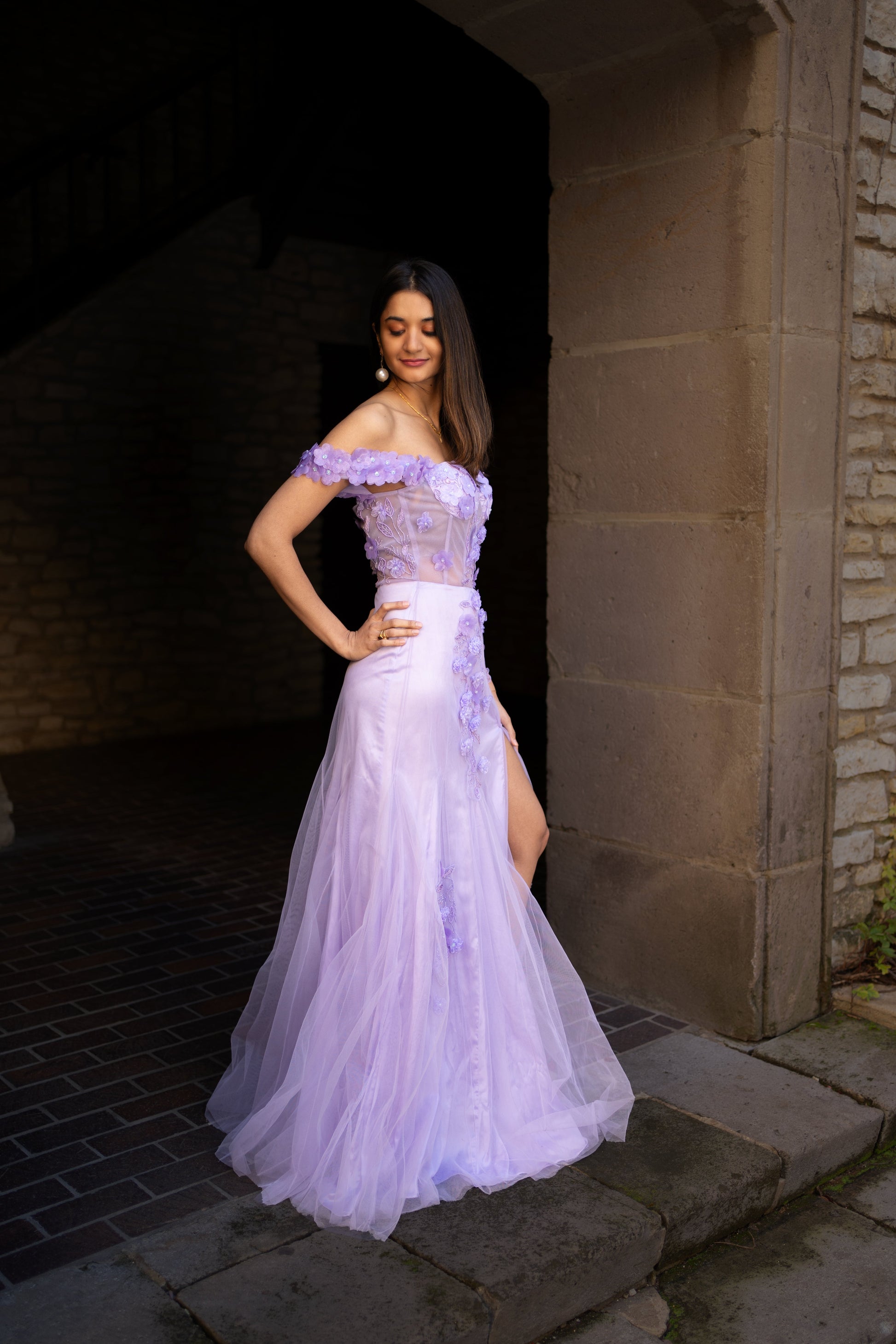 Statement Green Lavender Viscose Tulle Floral Rhapsody Applique Gown