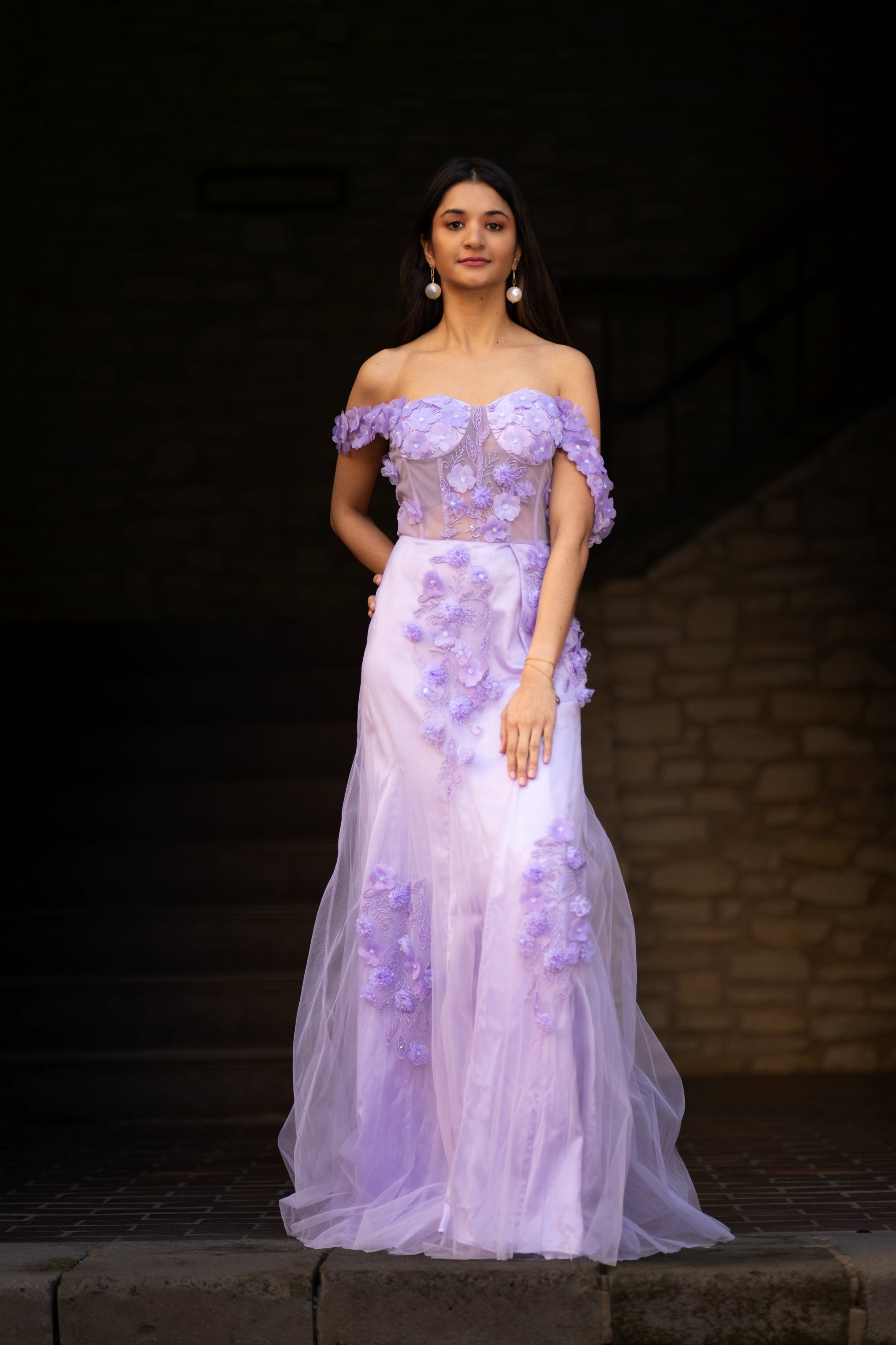 Statement Green Lavender Viscose Tulle Floral Rhapsody Applique Gown