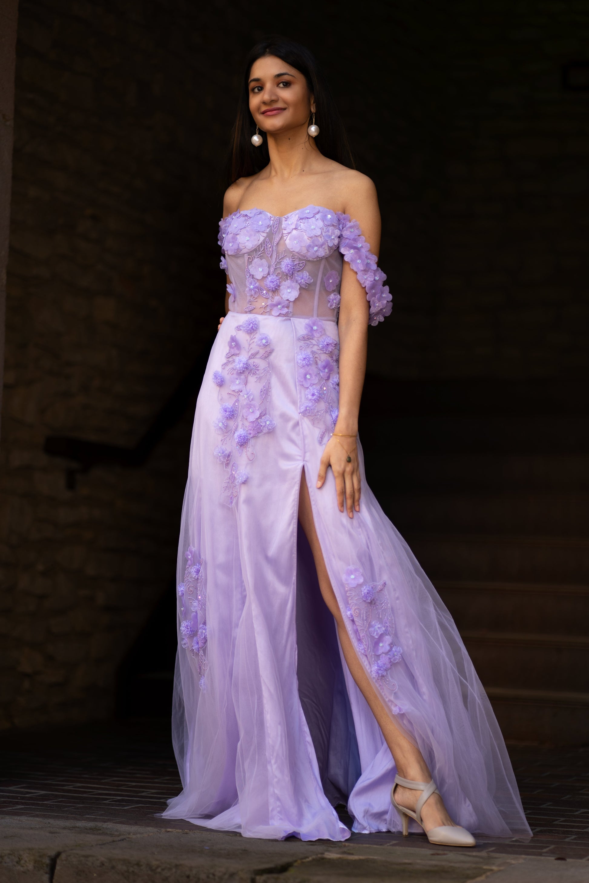 Statement Green Lavender Viscose Tulle Floral Rhapsody Applique Gown