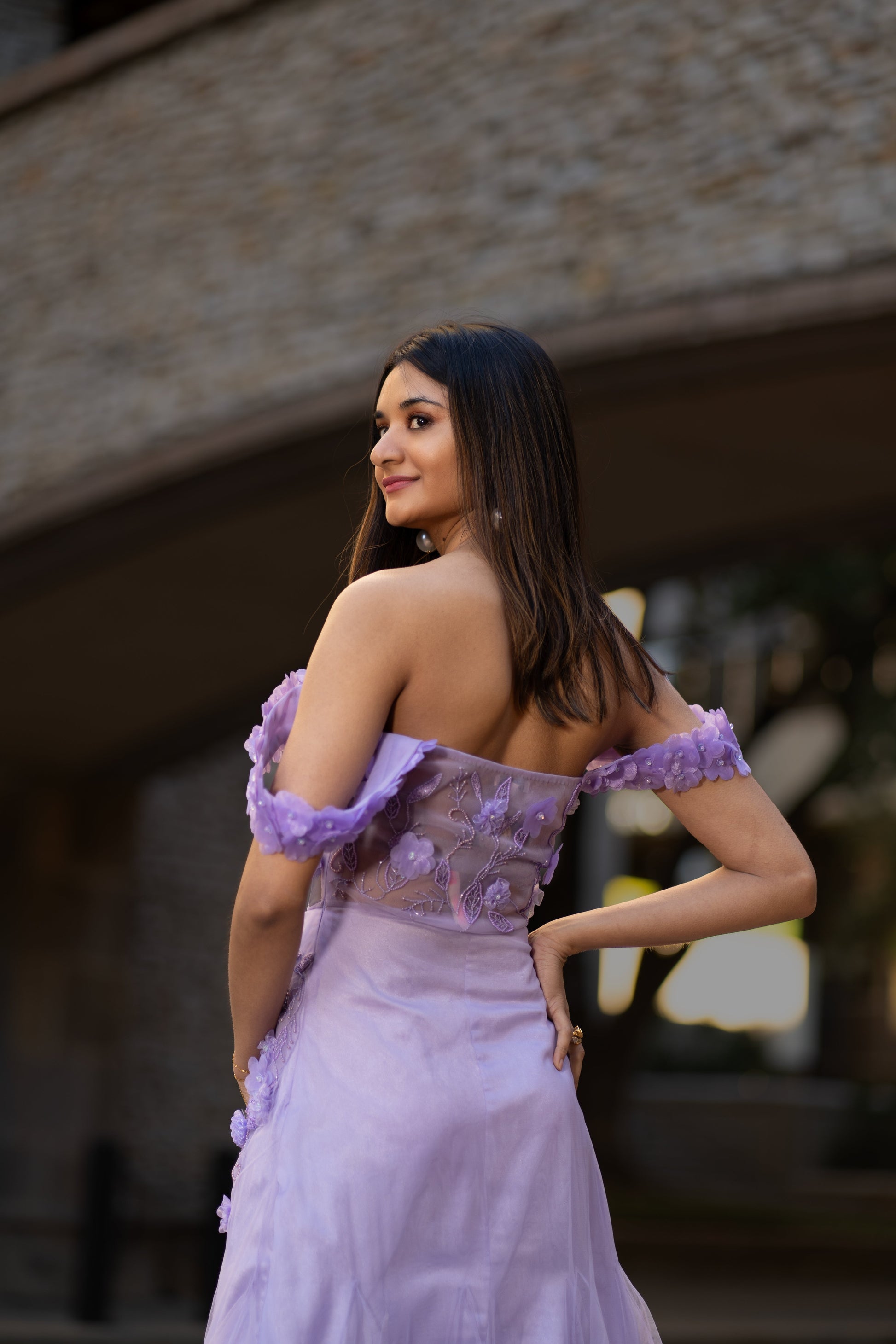 Statement Green Lavender Viscose Tulle Floral Rhapsody Applique Gown