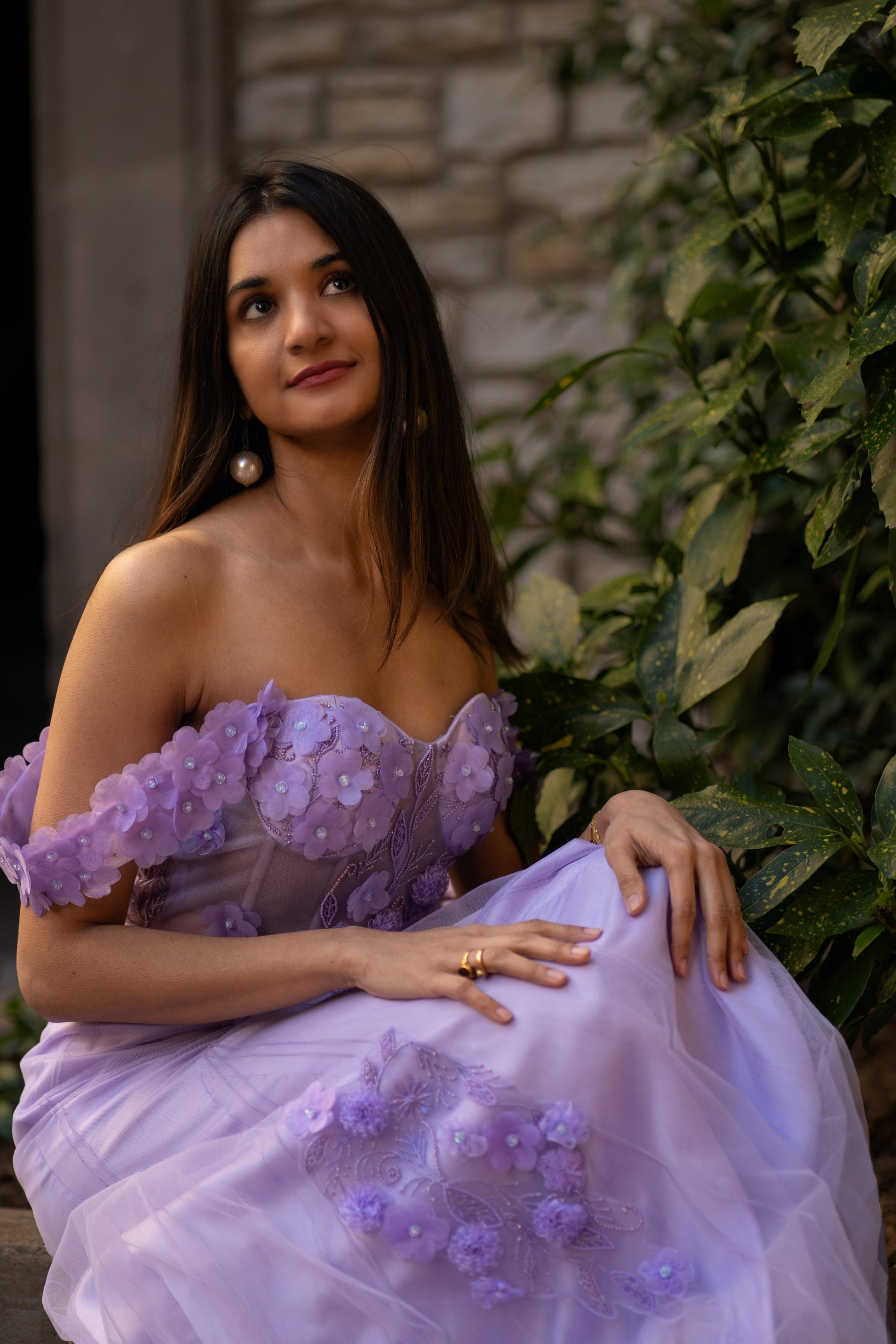 Statement Green Lavender Viscose Tulle Floral Rhapsody Applique Gown