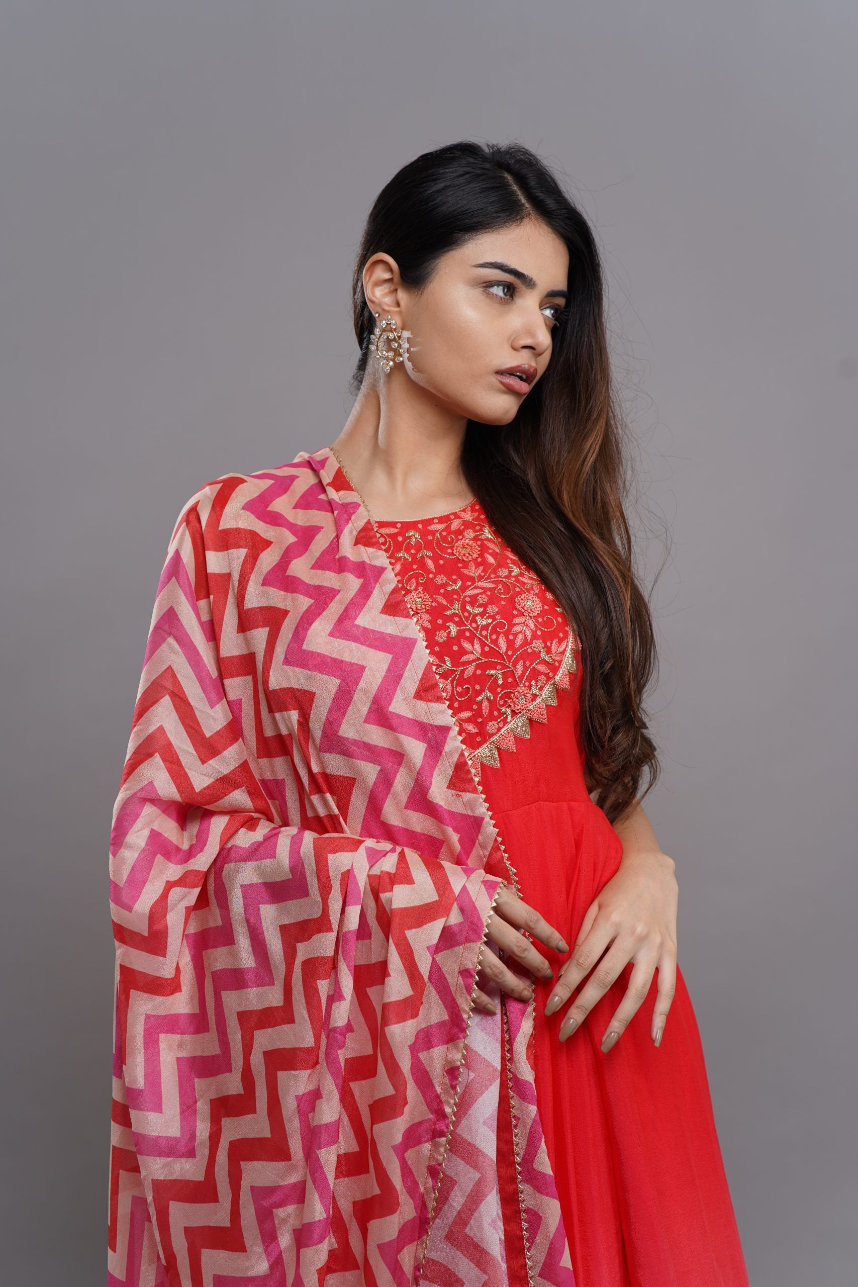 Coral Ombre Georgette Anarkali with Chevron Dupatta - Bridal Anarkali