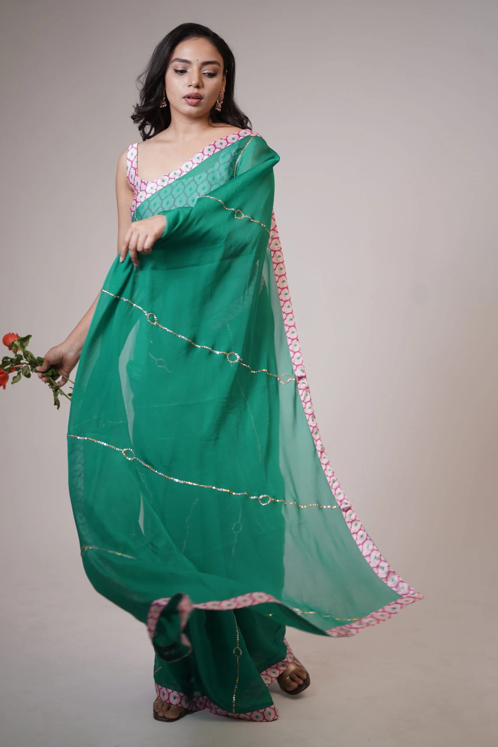Mandhaara Aranya Emerald Green Floral Organza Saree with Pink Border - Festive Occasions