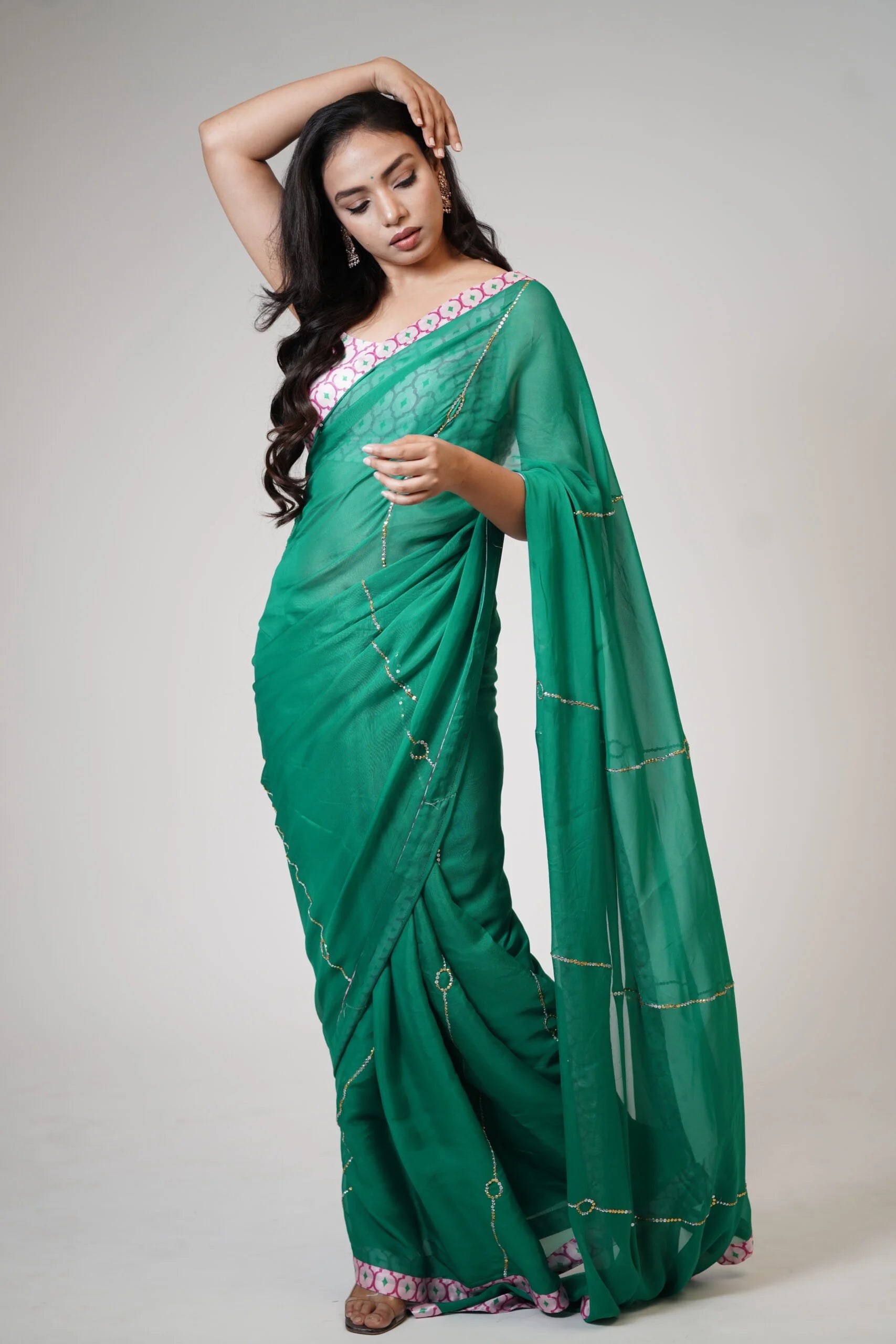 Mandhaara Aranya Emerald Green Floral Organza Saree with Pink Border - Festive Occasions