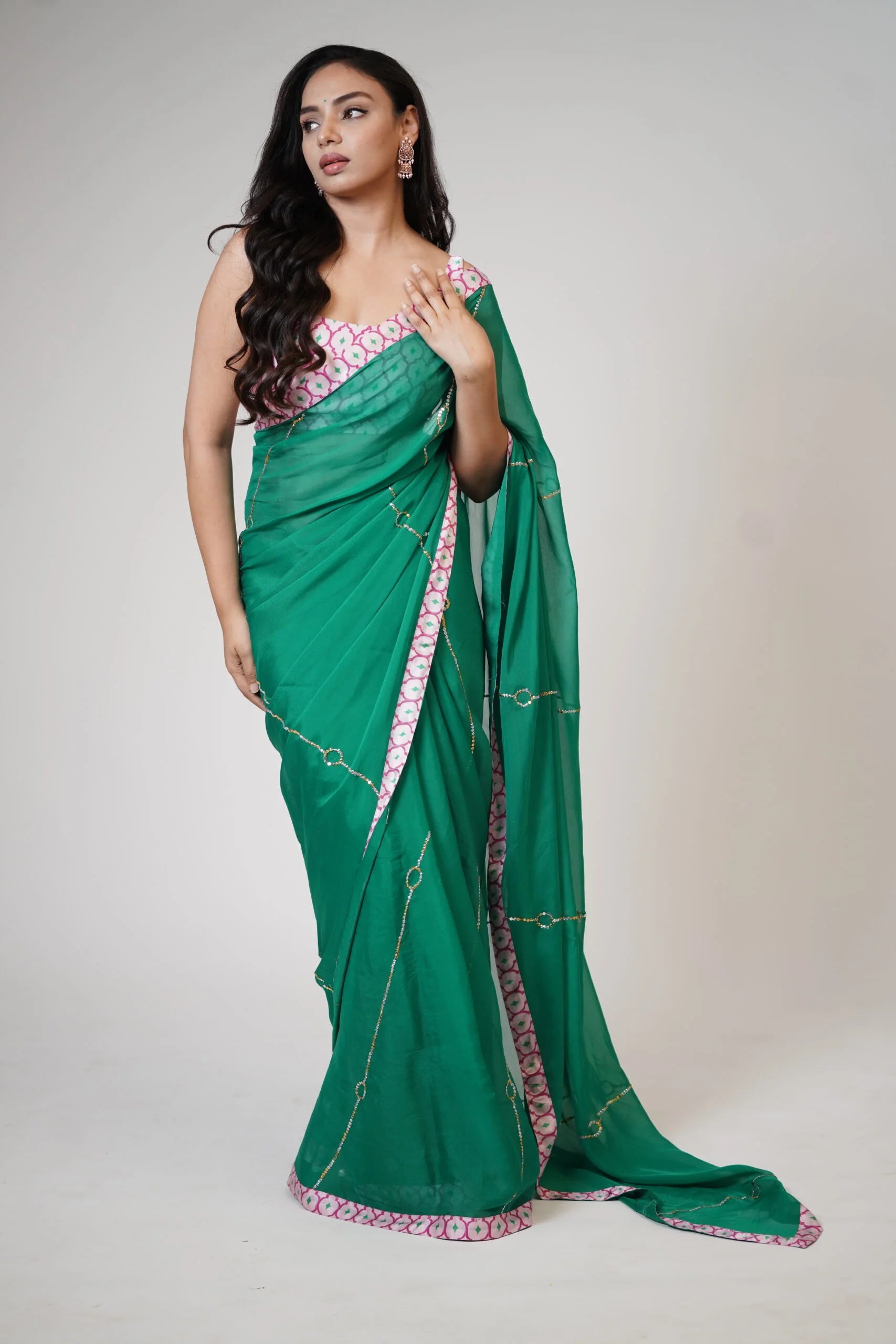 Mandhaara Aranya Emerald Green Floral Organza Saree with Pink Border - Festive Occasions