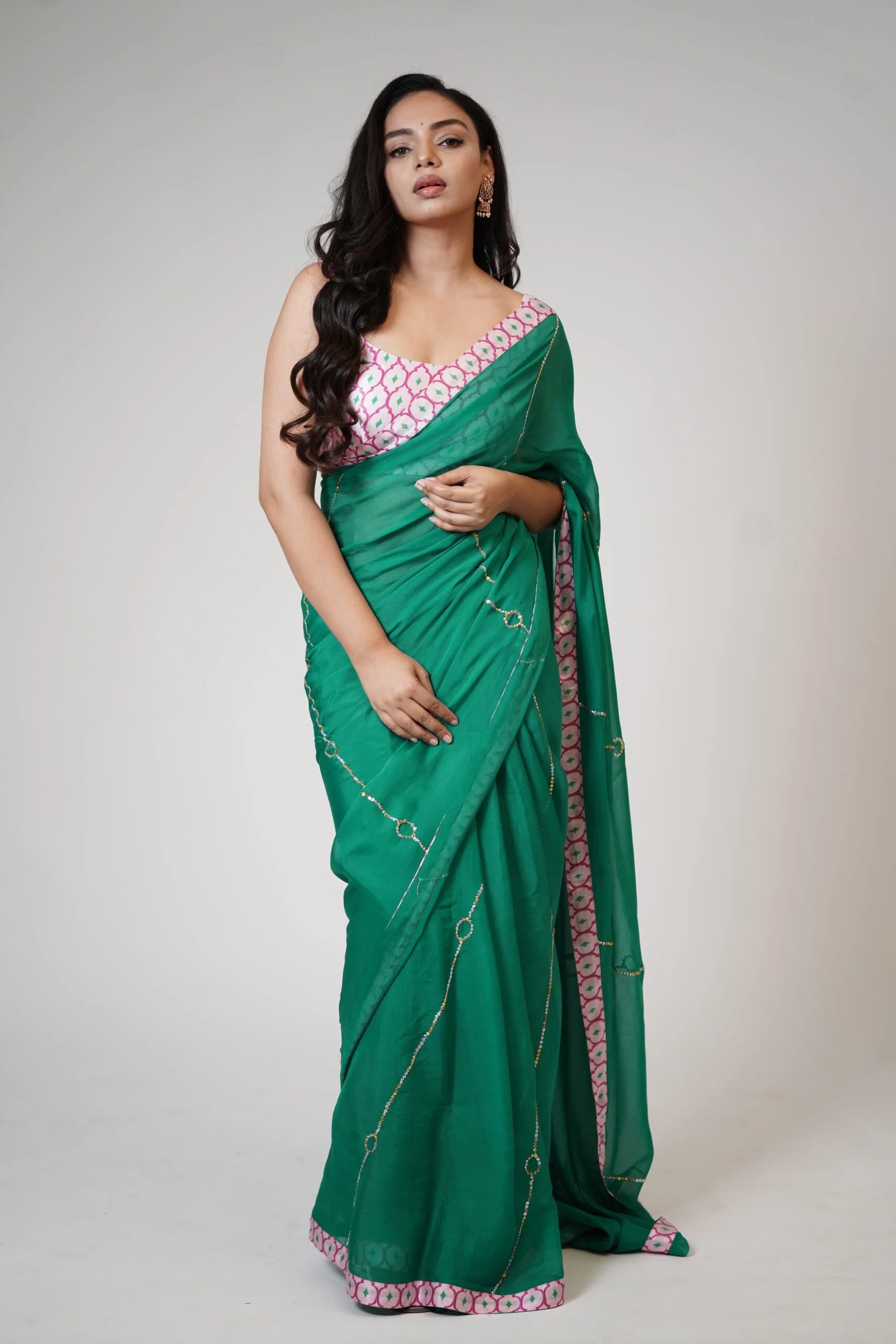 Mandhaara Aranya Emerald Green Floral Organza Saree with Pink Border - Festive Occasions