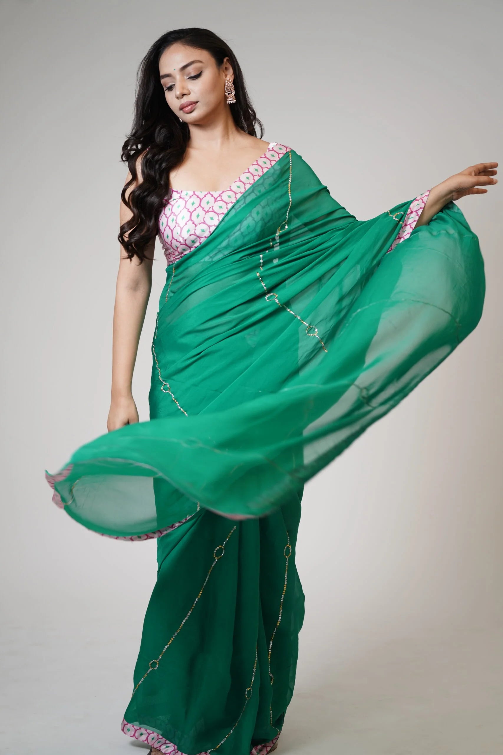 Mandhaara Aranya Emerald Green Floral Organza Saree with Pink Border - Festive Occasions