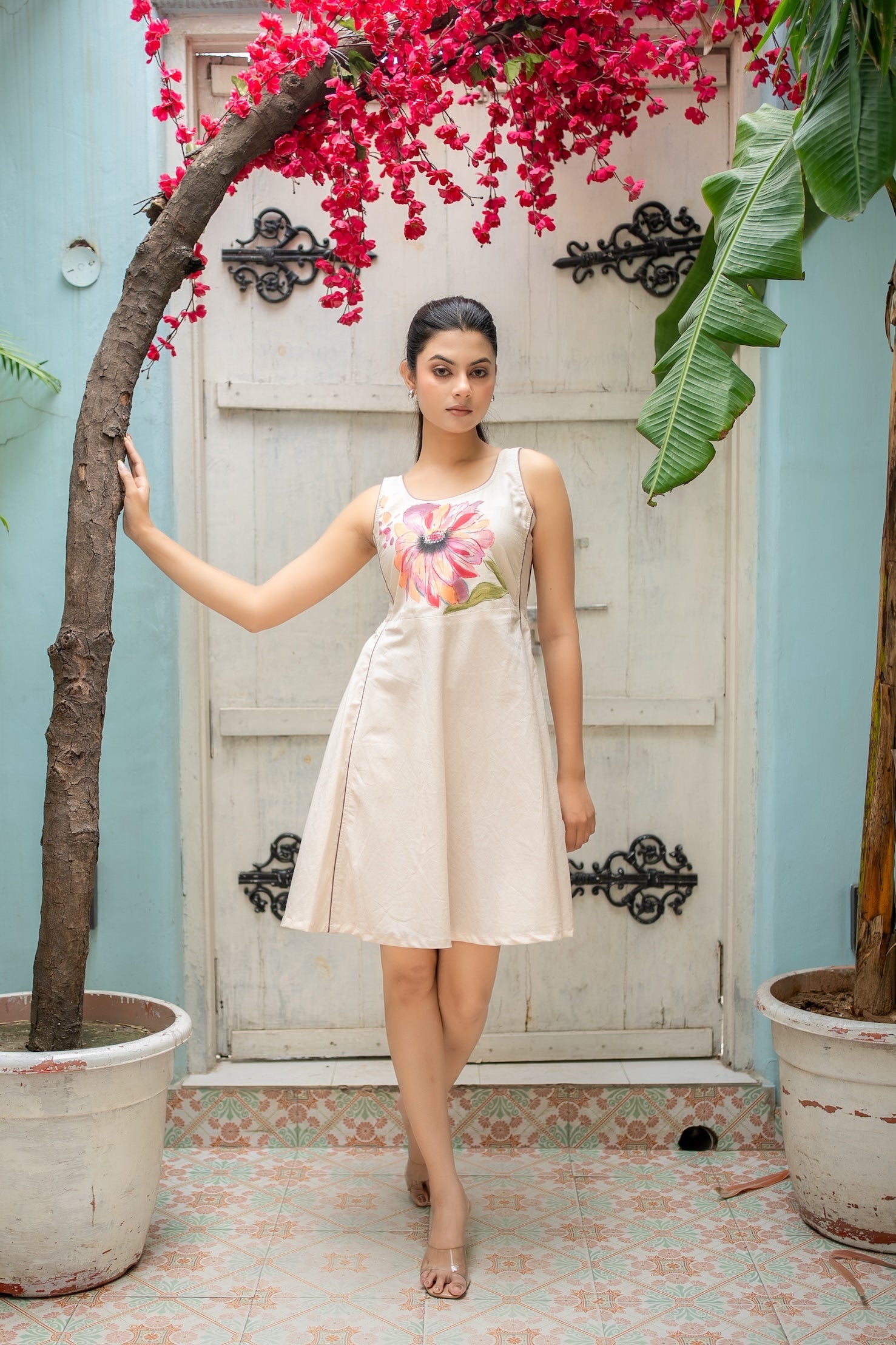 Radiant Bloom beige dress with handpainted pink, orange, and coral flower.