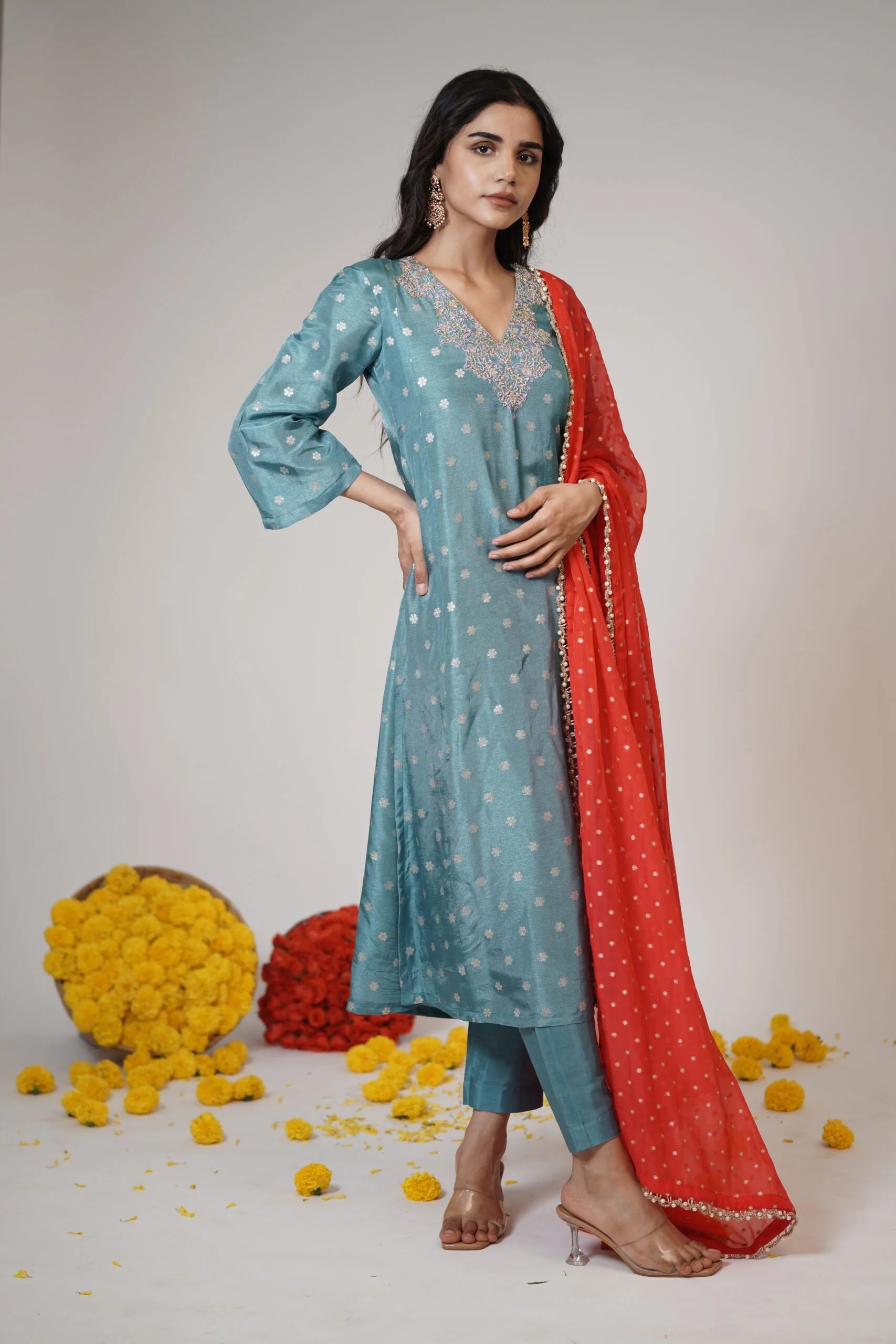 Mandhaara Pravala Floral Red & Blue Silk Brocade Kurta with Tissue Dupatta - Kurta Set