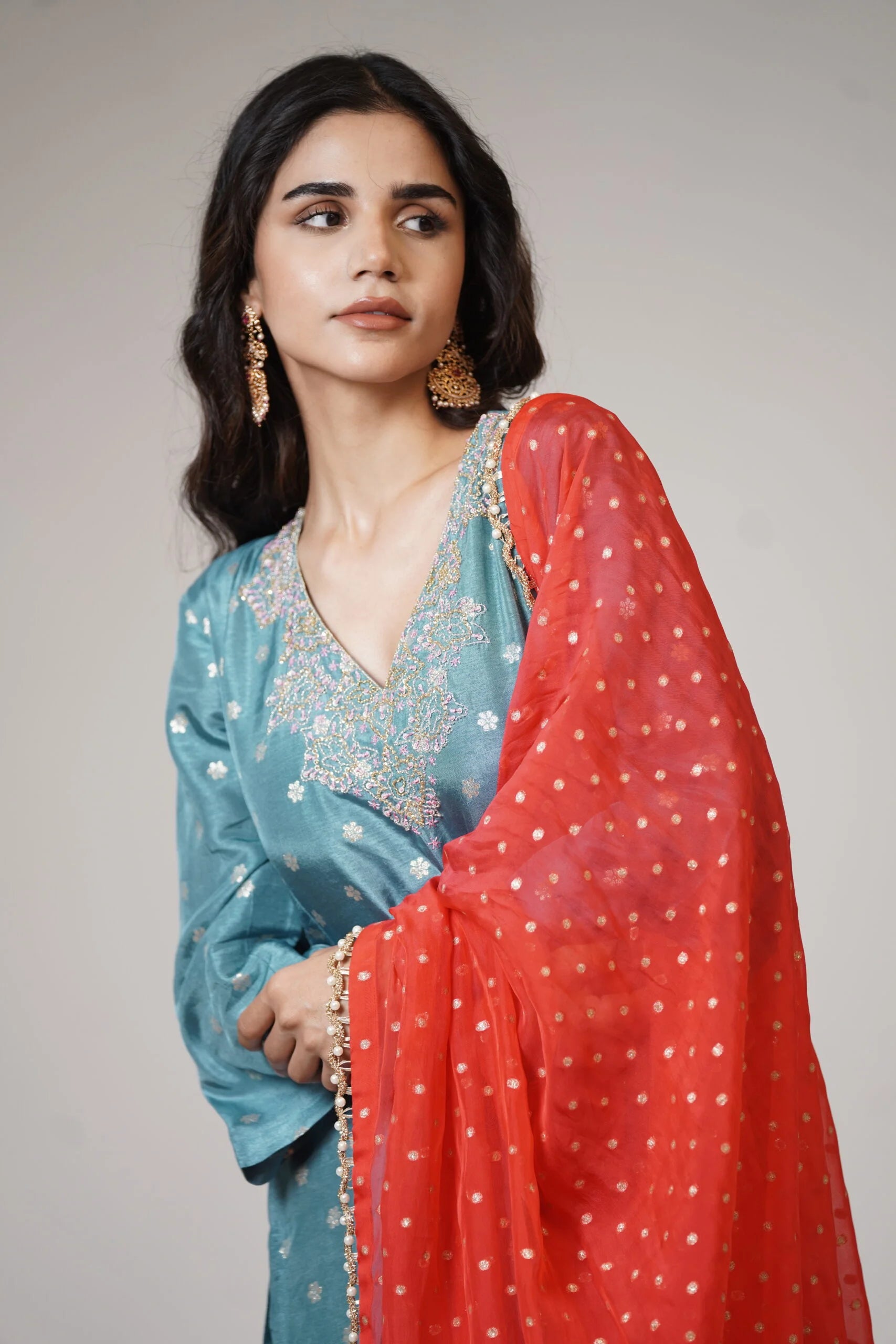 Mandhaara Pravala Floral Red & Blue Silk Brocade Kurta with Tissue Dupatta - Kurta Set