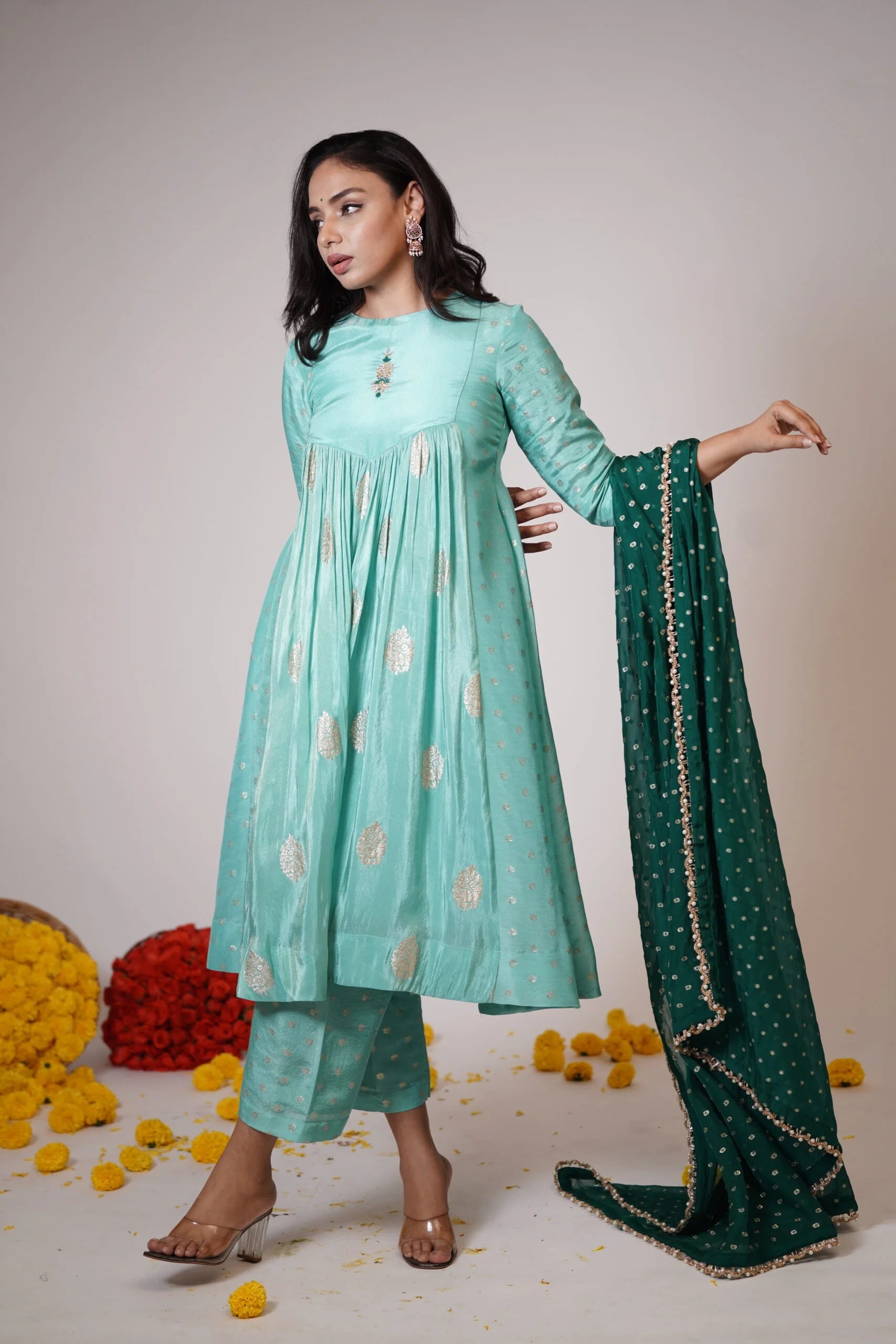 Mandhaara Sapphire Blue Green Tissue Anarkali with Organza Dupatta - Festive Anarkali