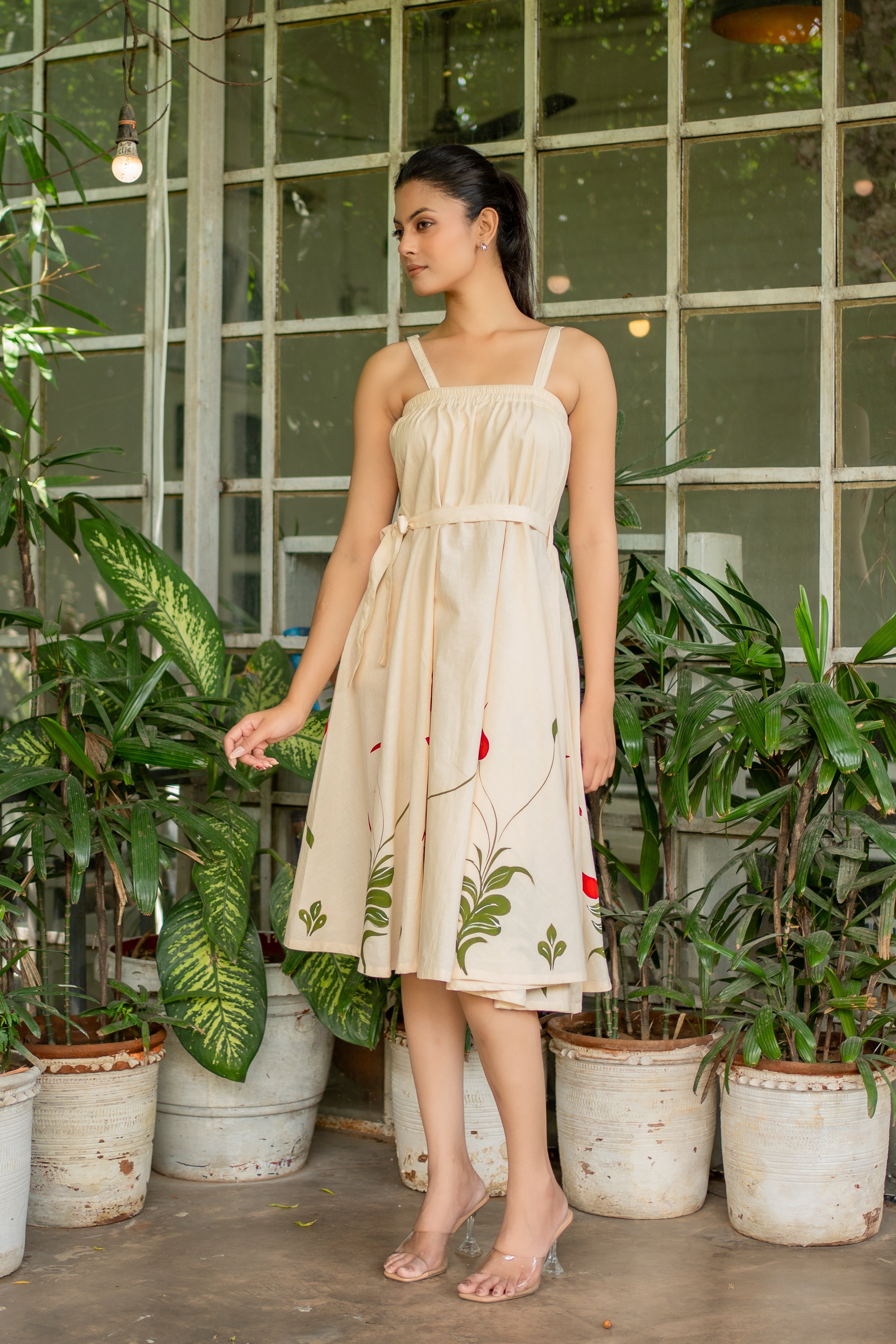 Crimson Leaf beige cotton dress with handpainted crimson leaf motifs.