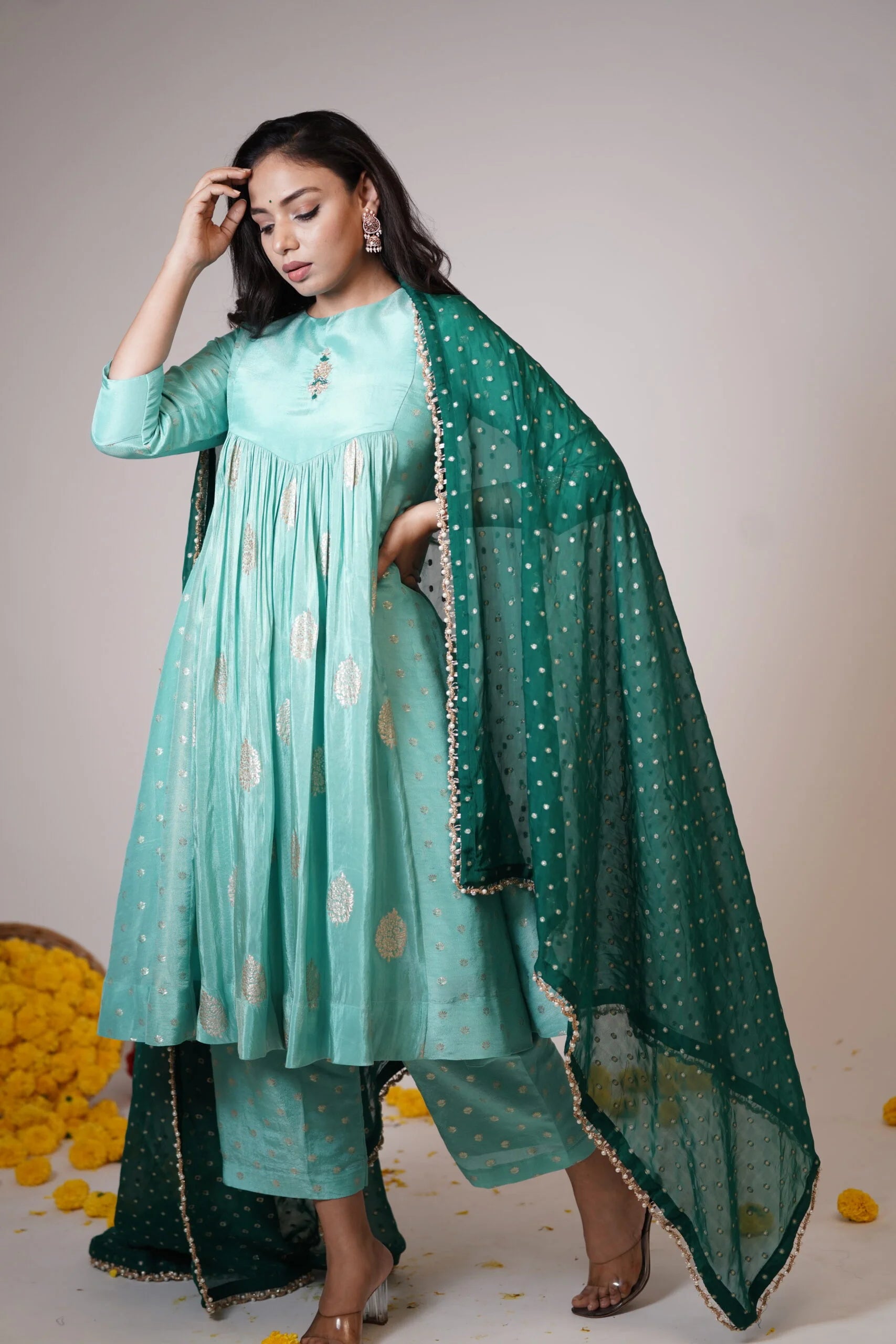 Mandhaara Sapphire Blue Green Tissue Anarkali with Organza Dupatta - Festive Anarkali