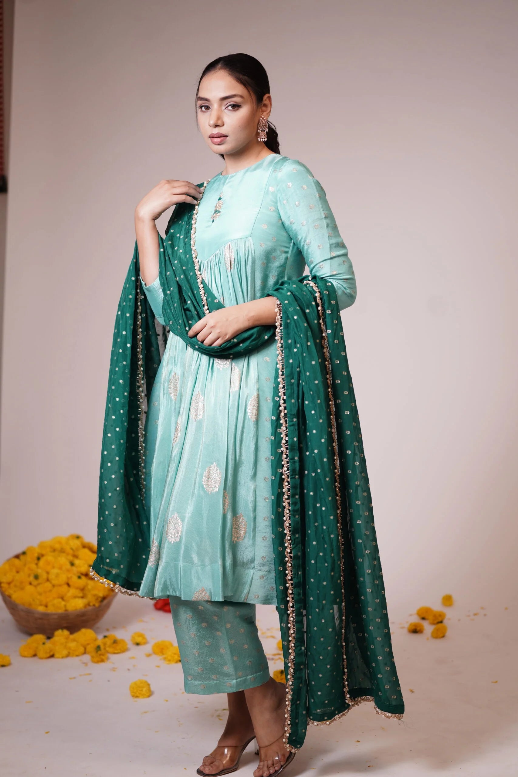 Mandhaara Sapphire Blue Green Tissue Anarkali with Organza Dupatta - Festive Anarkali