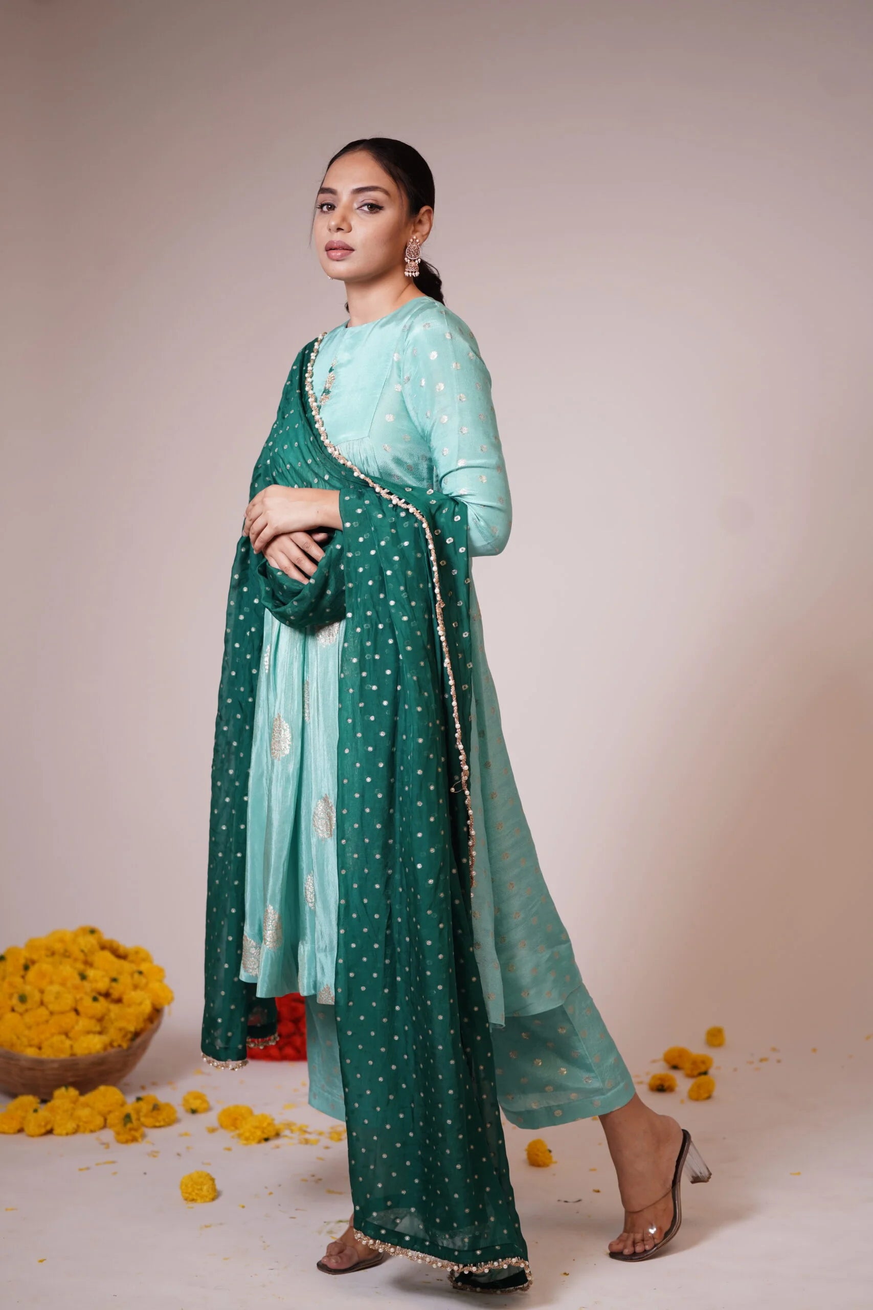 Mandhaara Sapphire Blue Green Tissue Anarkali with Organza Dupatta - Festive Anarkali