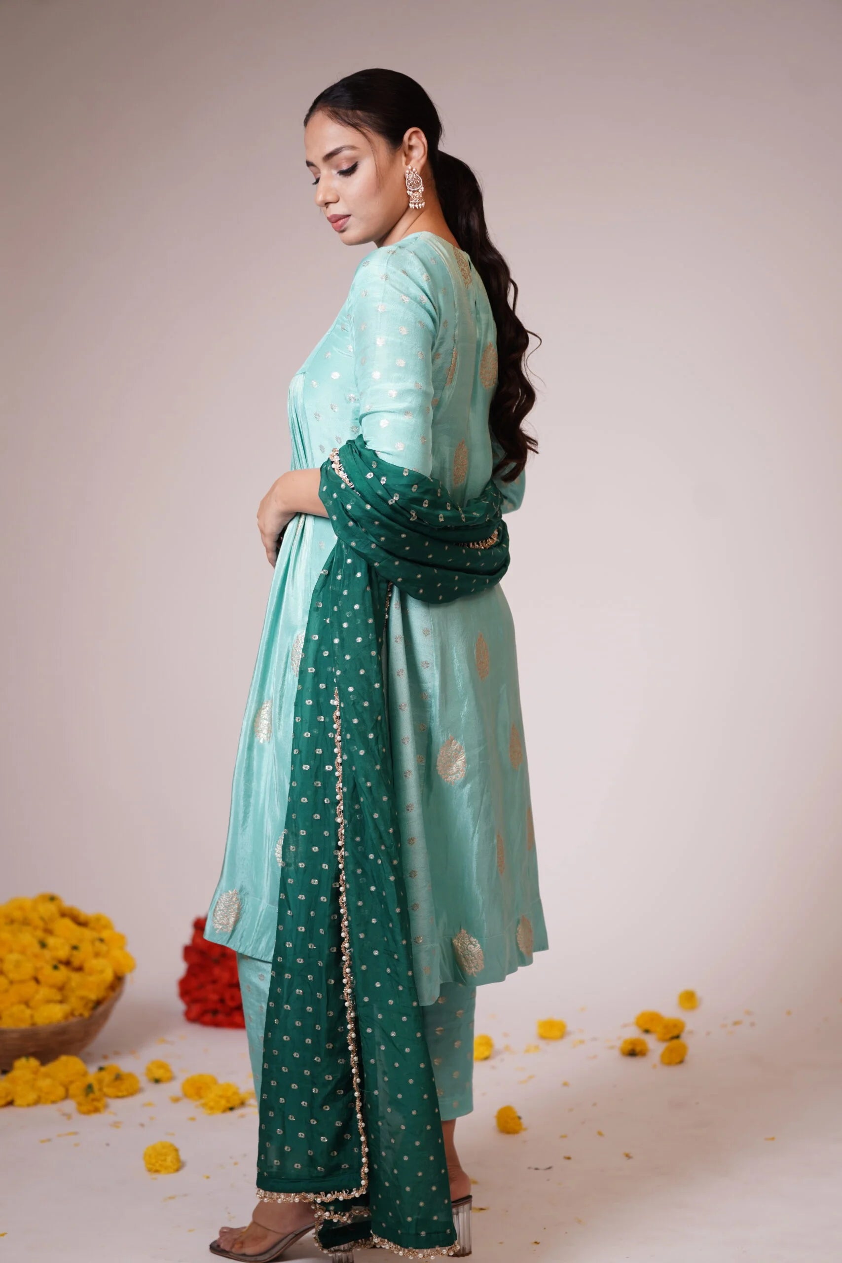 Mandhaara Sapphire Blue Green Tissue Anarkali with Organza Dupatta - Festive Anarkali