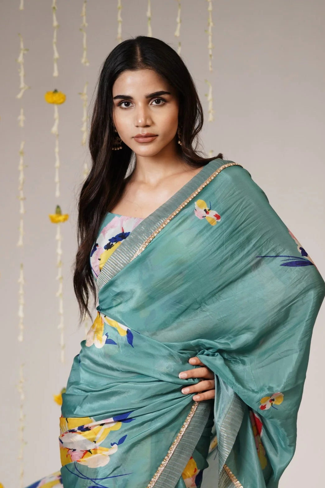 Mandhaara Nilavarna Floral Green Organza Saree