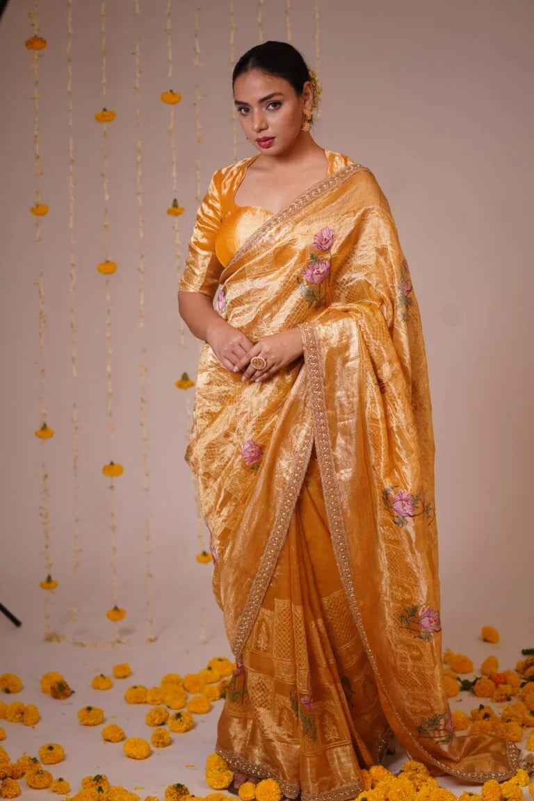 Mandhaara Kanchani Golden Floral Embroidered Tissue Saree - Handwoven Festive Saree
