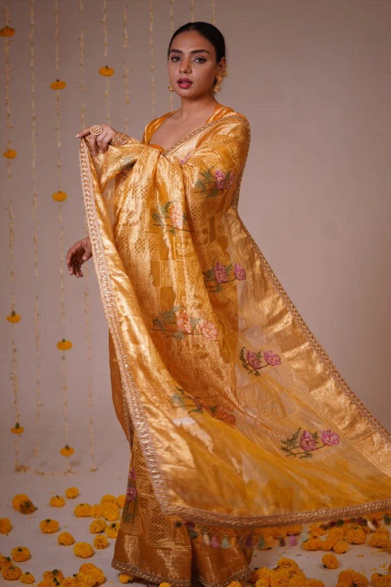 Mandhaara Kanchani Golden Floral Embroidered Tissue Saree - Handwoven Festive Saree