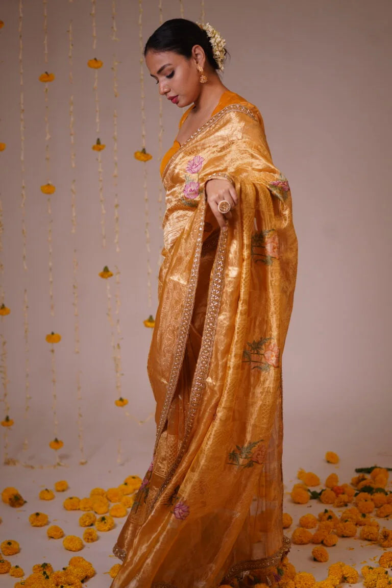 Mandhaara Kanchani Golden Floral Embroidered Tissue Saree - Handwoven Festive Saree