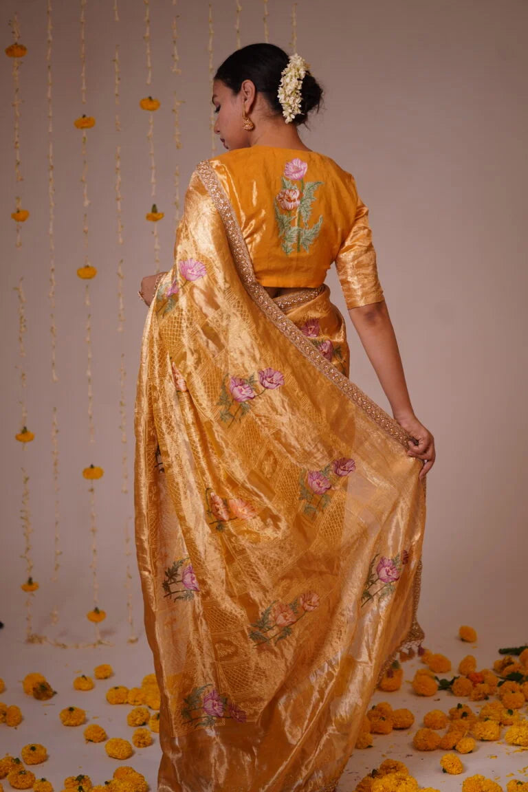 Mandhaara Kanchani Golden Floral Embroidered Tissue Saree - Handwoven Festive Saree