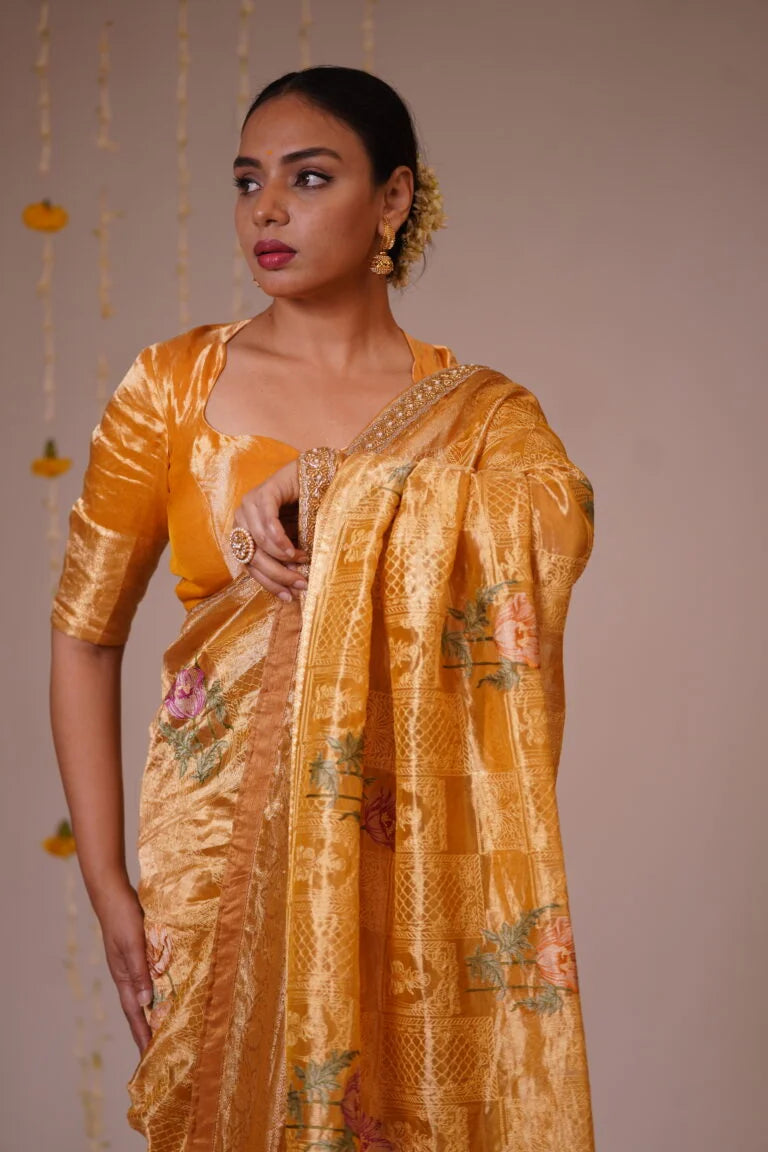 Mandhaara Kanchani Golden Floral Embroidered Tissue Saree - Handwoven Festive Saree