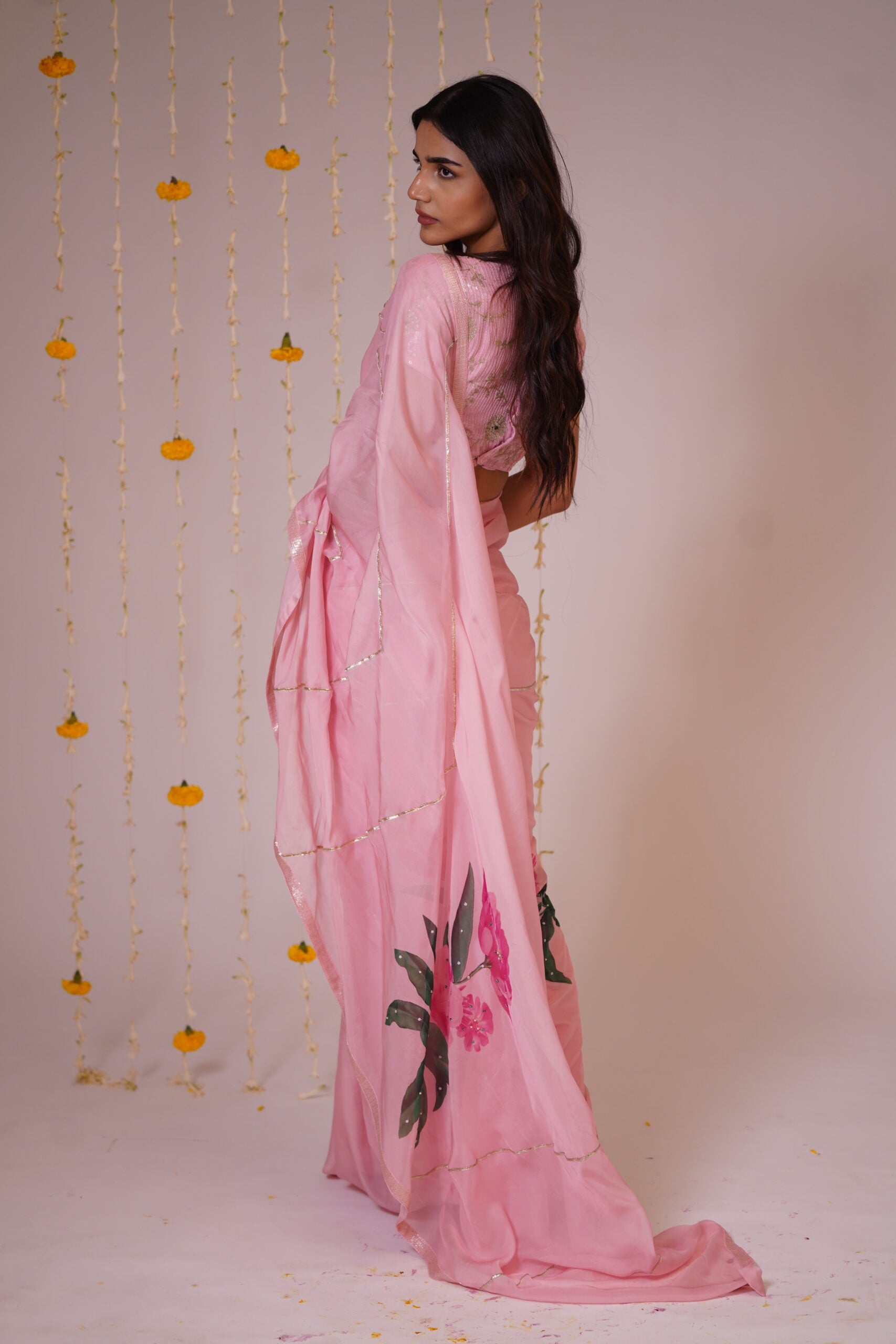 Mandhaara Patalam Pushpam Pink Floral Organza Saree - Festive Elegance