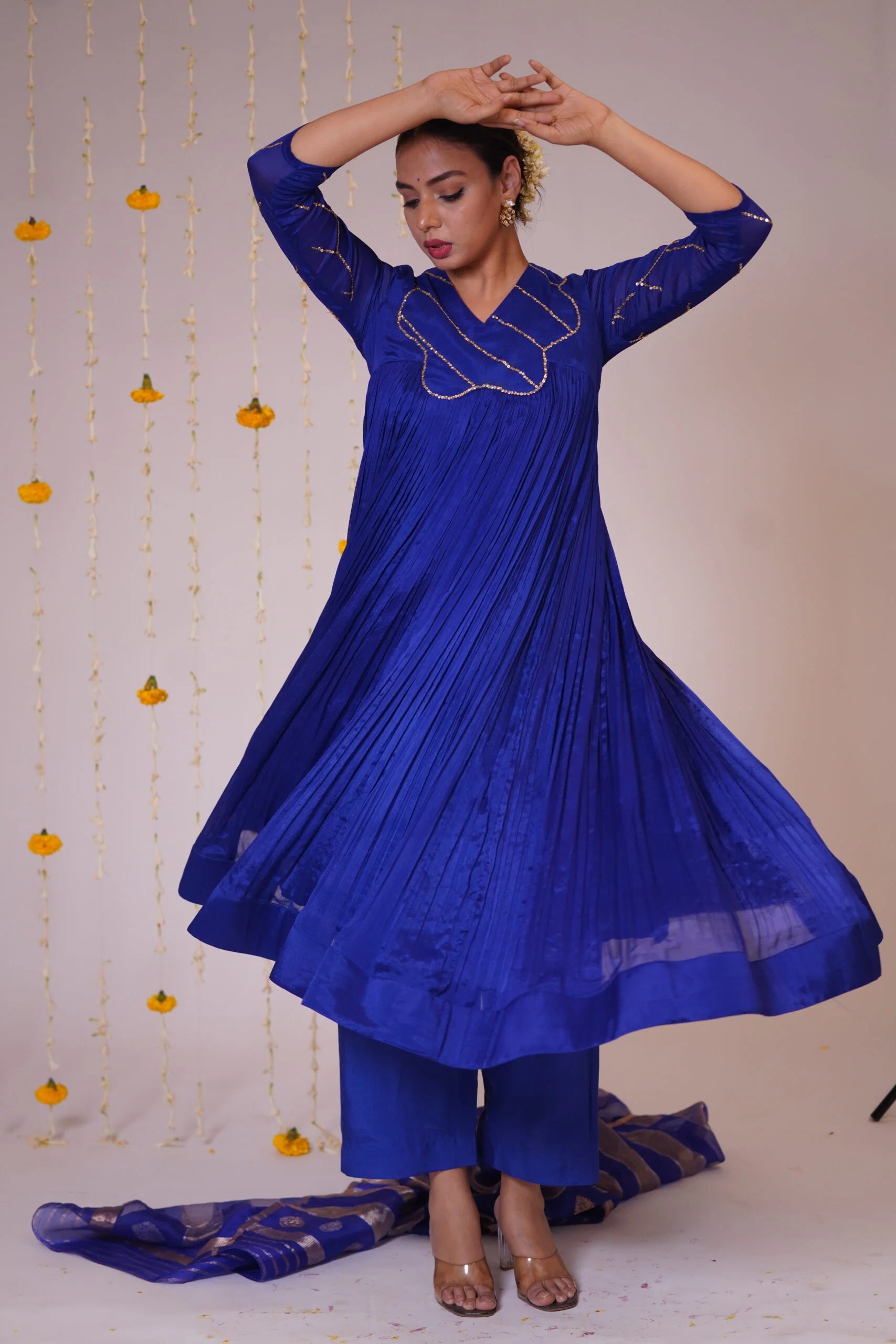Mandhaara Nila Niram Royal Blue Raw Silk Anarkali Dress with Golden Details - Festive Anarkali