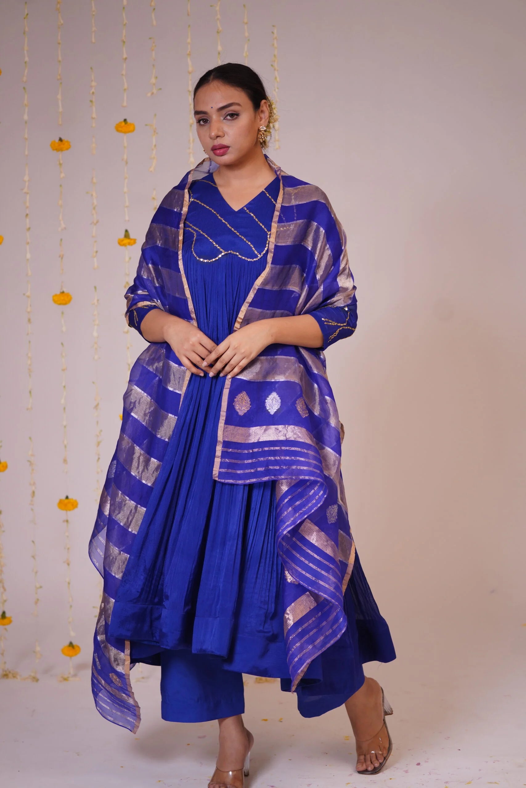 Mandhaara Nila Niram Royal Blue Raw Silk Anarkali Dress with Golden Details - Festive Anarkali