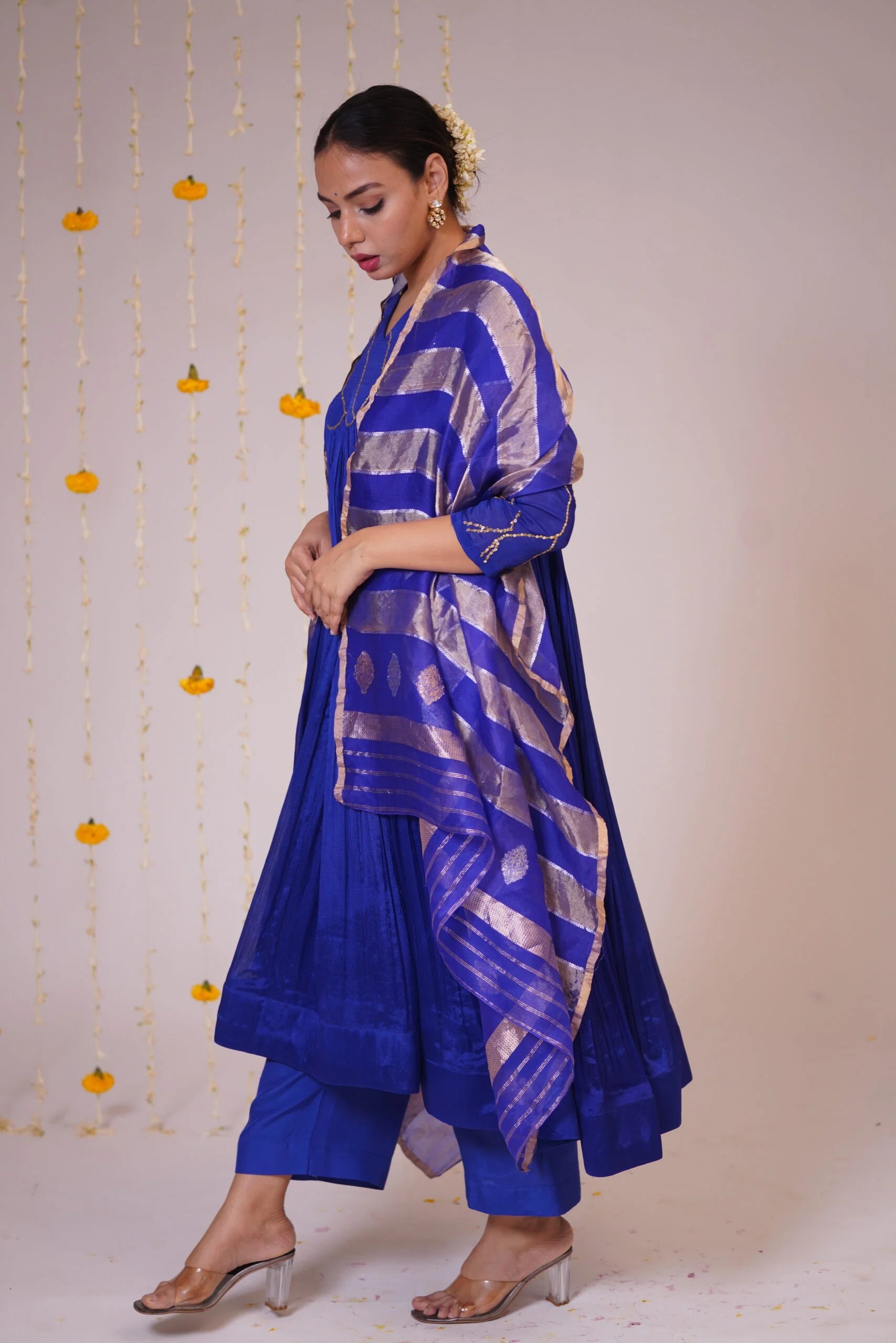 Mandhaara Nila Niram Royal Blue Raw Silk Anarkali Dress with Golden Details - Festive Anarkali